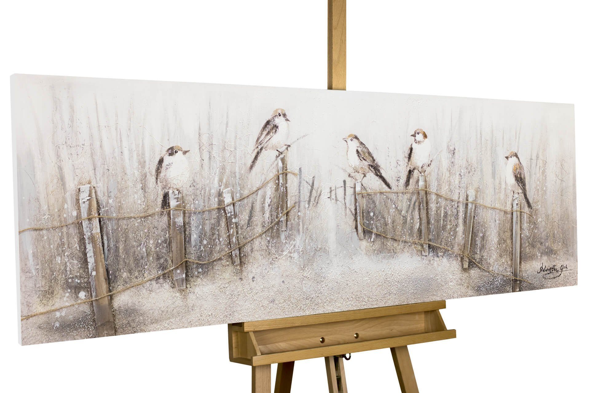 KUNSTLOFT Gemälde Gesang der Vögel Wohnzimmer Leinwandbild HANDGEMALT 150x50 Wandbild cm, 100
