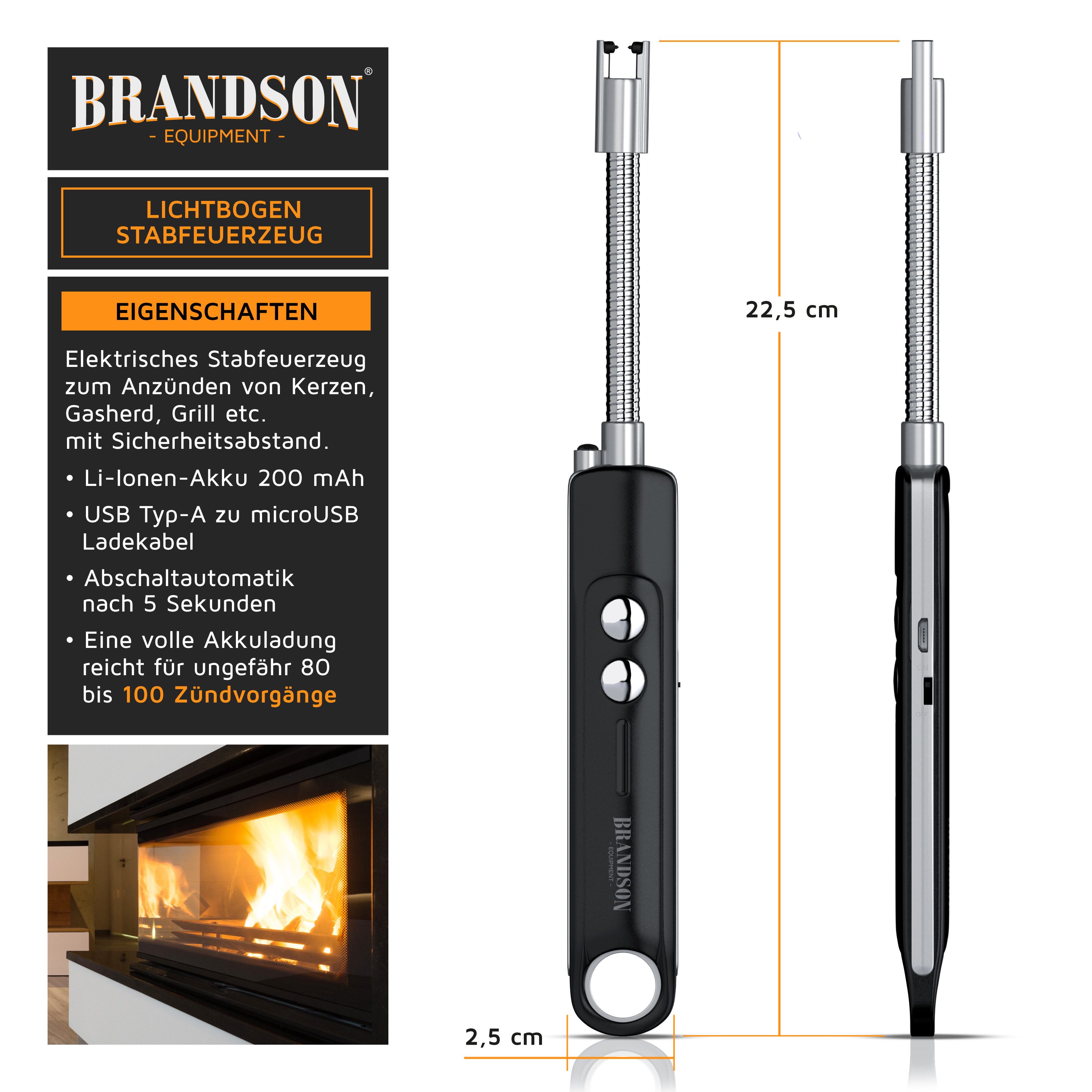 Brandson Feuerzeug Lichtbogen Stabfeuerzeug elektrisch, Kerzenanzünder, USB aufladbar (2-St), 2er Set Kaminanzünder mit Akku für Küche Kerzen Gasherde Grill Kamin