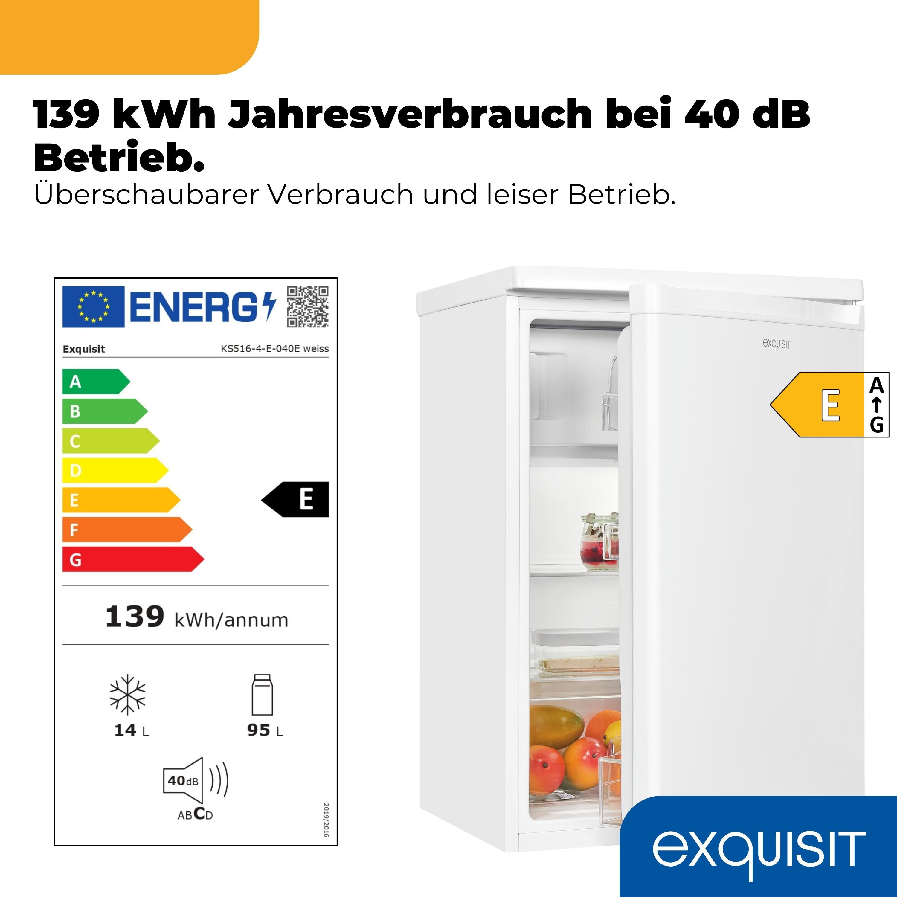 exquisit Kühlschrank KS516-4-E-040E, 85 cm hoch, 56 cm breit, 109 l Nutzinhalt, LED Beleuchtung, 40 dB Geräusch, Geräuschklasse C