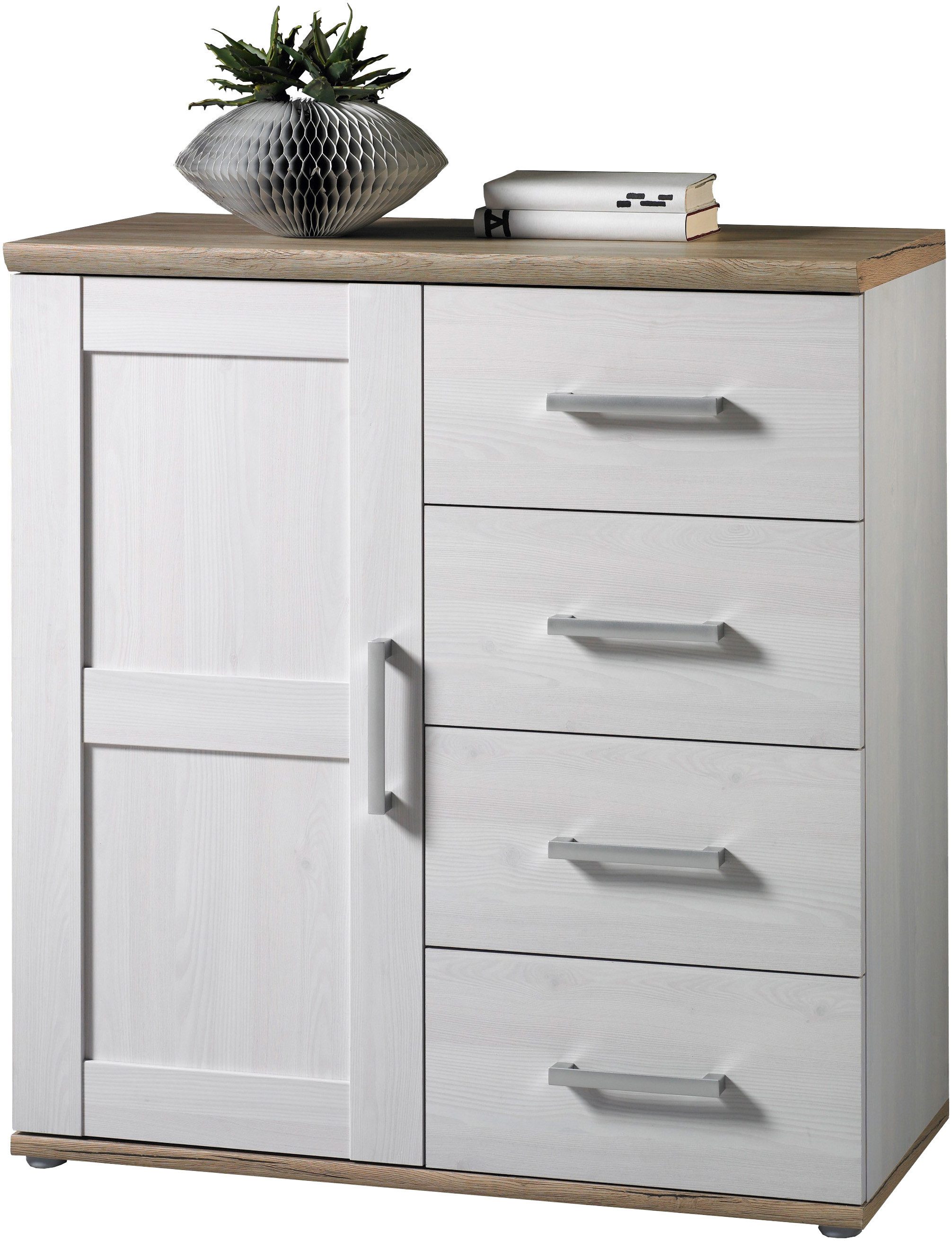 HBZ Kommode Romance im Landhaustil, BxHxT 93x99x45 cm, Schrank mit 1 Tür, 4 Schubkästen und 2 Einlegeböden