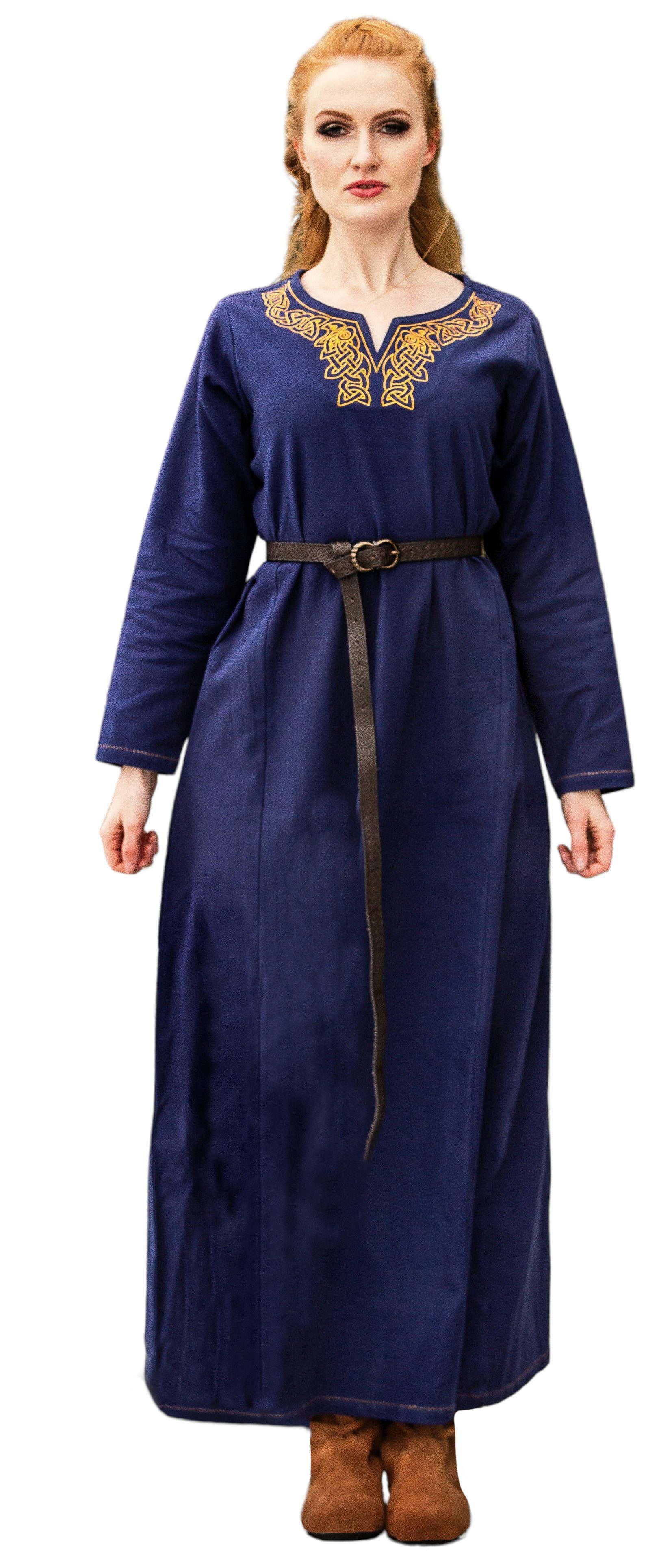 Leonardo Carbone Wikinger-Kostüm Kleid "Aslaug" mit Stickerei am Ausschnitt, kunstvolle Stickerei, weiche Baumwolle