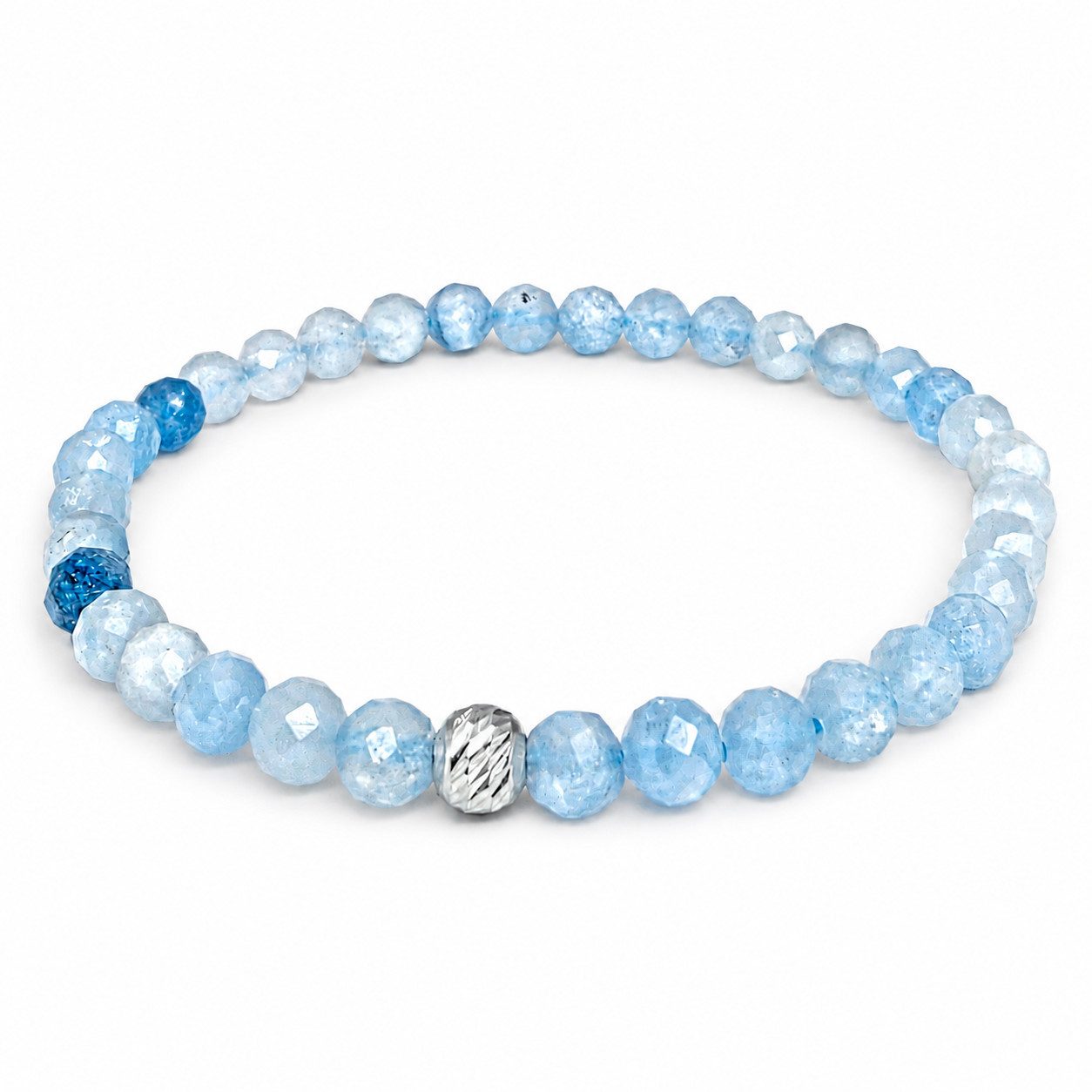 M-Punkt24 Armband Damen Armband 100% Echter Edelstein (AQUAMARIN, 5 mm, Natur, 925 Echt-Silber-Verschluss), Gummizug, inkl. Etui, SONDERPREIS wegen Produkt-Neuheit