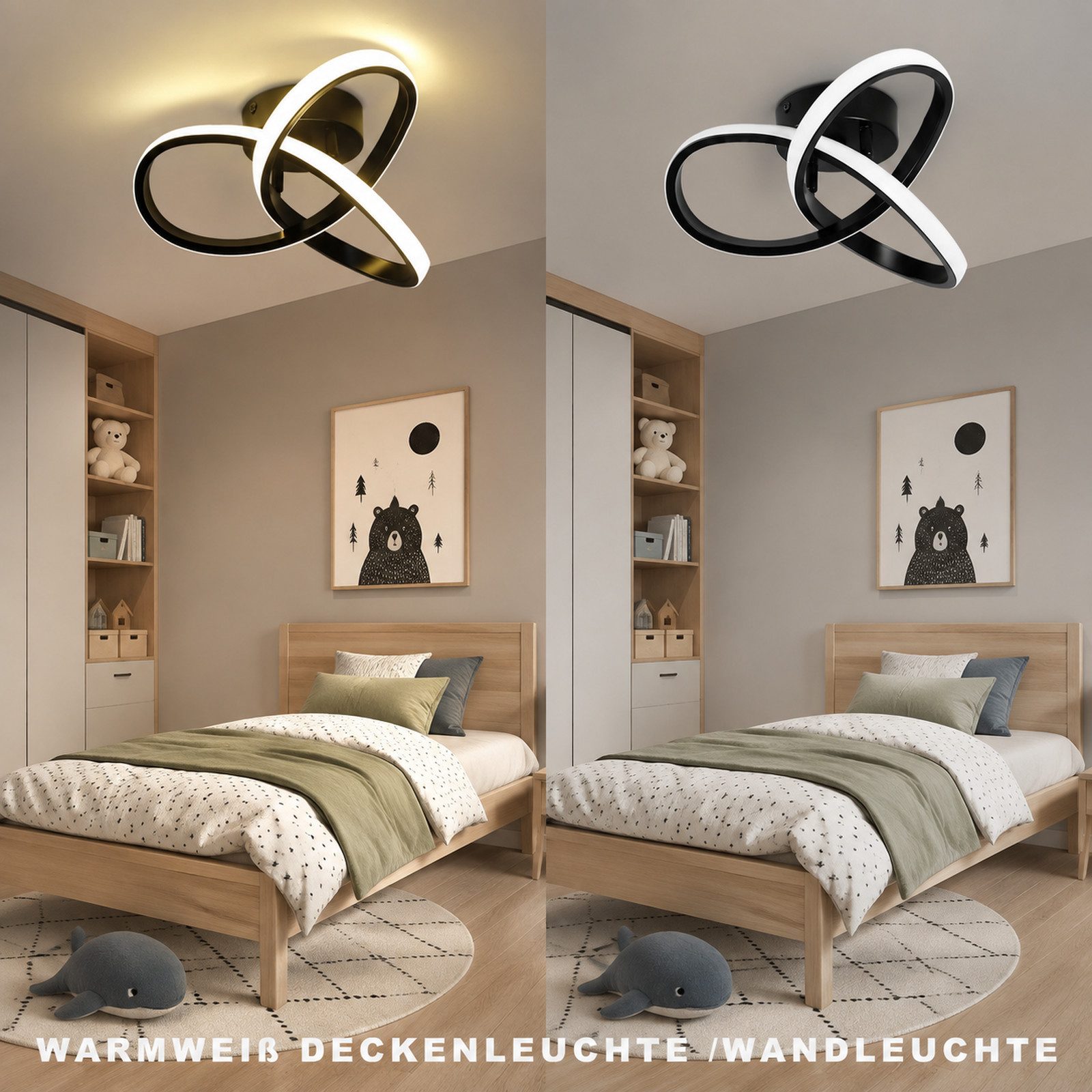 Nettlife LED Deckenleuchte Modern Schwarz/Weiß 24cm Schlafzimmer Augenschutz Deckenlampe, LED fest integriert, Warmweiß 3000K, Augenschutz,Einfache Installtion  – Bild 2 von 5