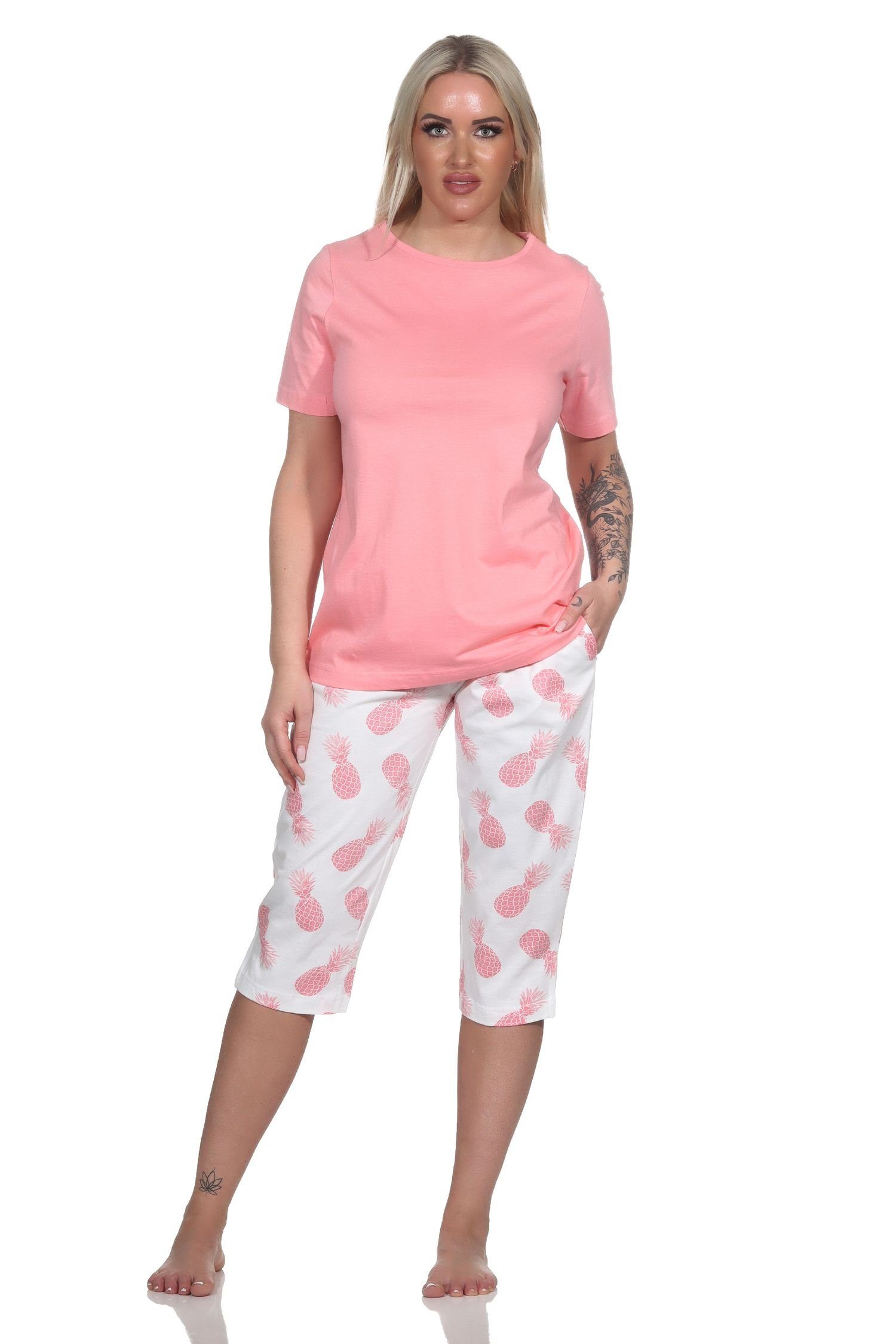 Ananas mit Motiv Normann Caprihose rosa und Pyjama Kurzarm Homewear als Damen Schlafanzug