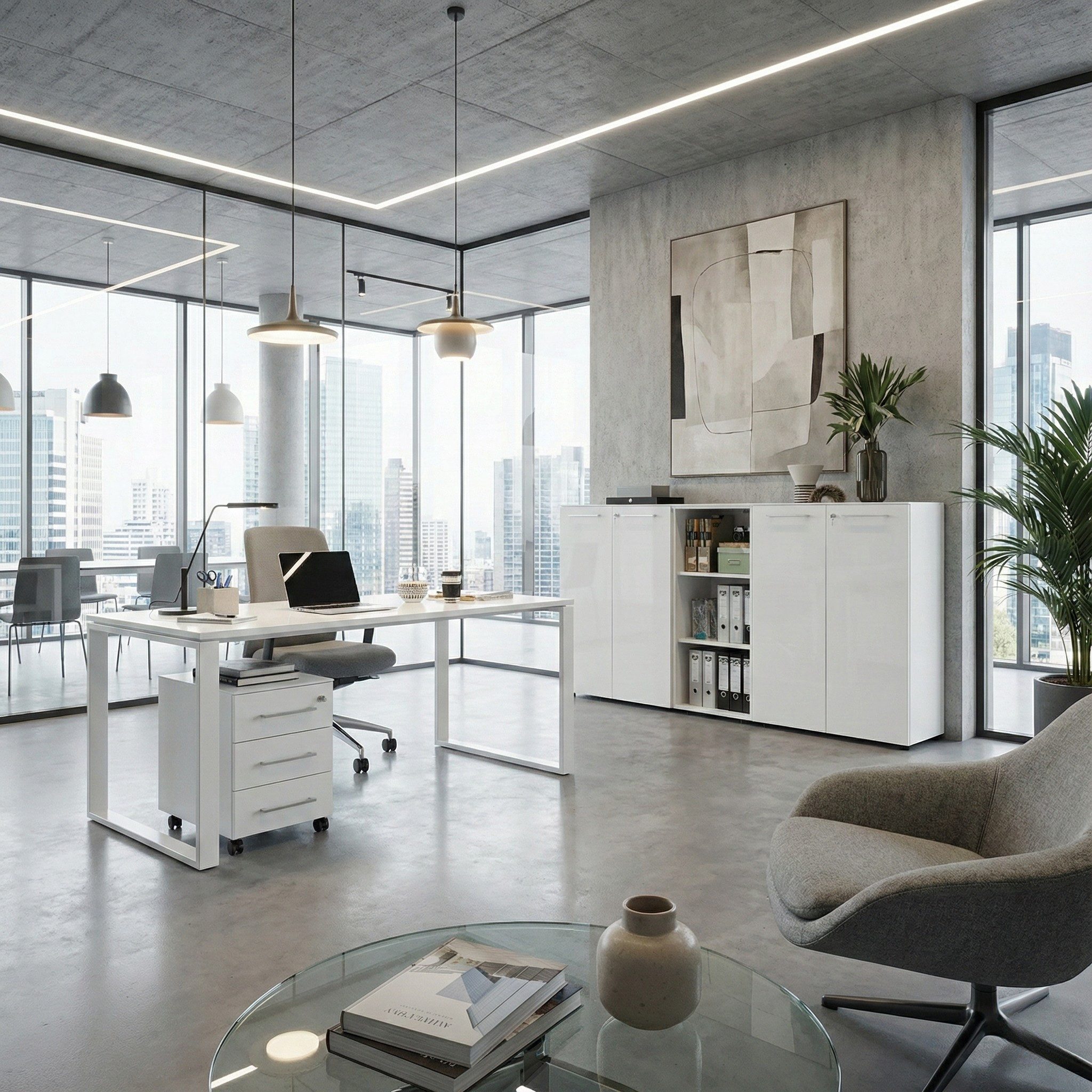 KADIMA DESIGN Büromöbel-Set Büro-Set MUENCHEN 5-teilig, Glasfront Abschließbar Soft-Close Modern, (Made in Germany, Home Office Arbeitszimmer Büro, Styroporfrei), Schreibtisch, Container, 2 Schränke, Regal, ABS-Kanten, Büromöbel