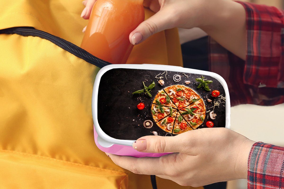Küche Kräuter - Snackbox, Erwachsene, - Pizza MuchoWow Kunststoff Lunchbox Brotbox Kunststoff, Kinder, Brotdose (2-tlg), Mädchen, Gemüse - - rosa für Industrie,