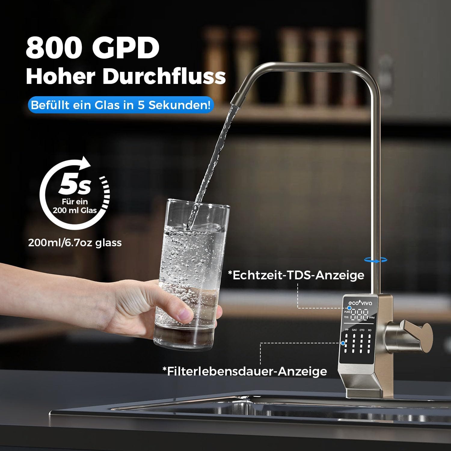 Ecoviva Wasserfilter RO800G Untertisch Osmoseanlage Umkehrosmoseanlage Trinkwasser, Reduziert TDS, 2,1 l/min Wasserdurchflussrate, 3:1 Wassernutzung