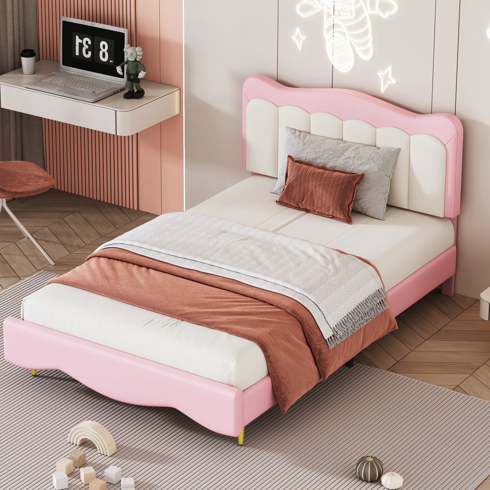 OKWISH Polsterbett Kinderbett, Kunstleder süßes Mädchenbett (Jugendbett Doppelbett mit Lattenrost 90*200 cm), ohne Matratze