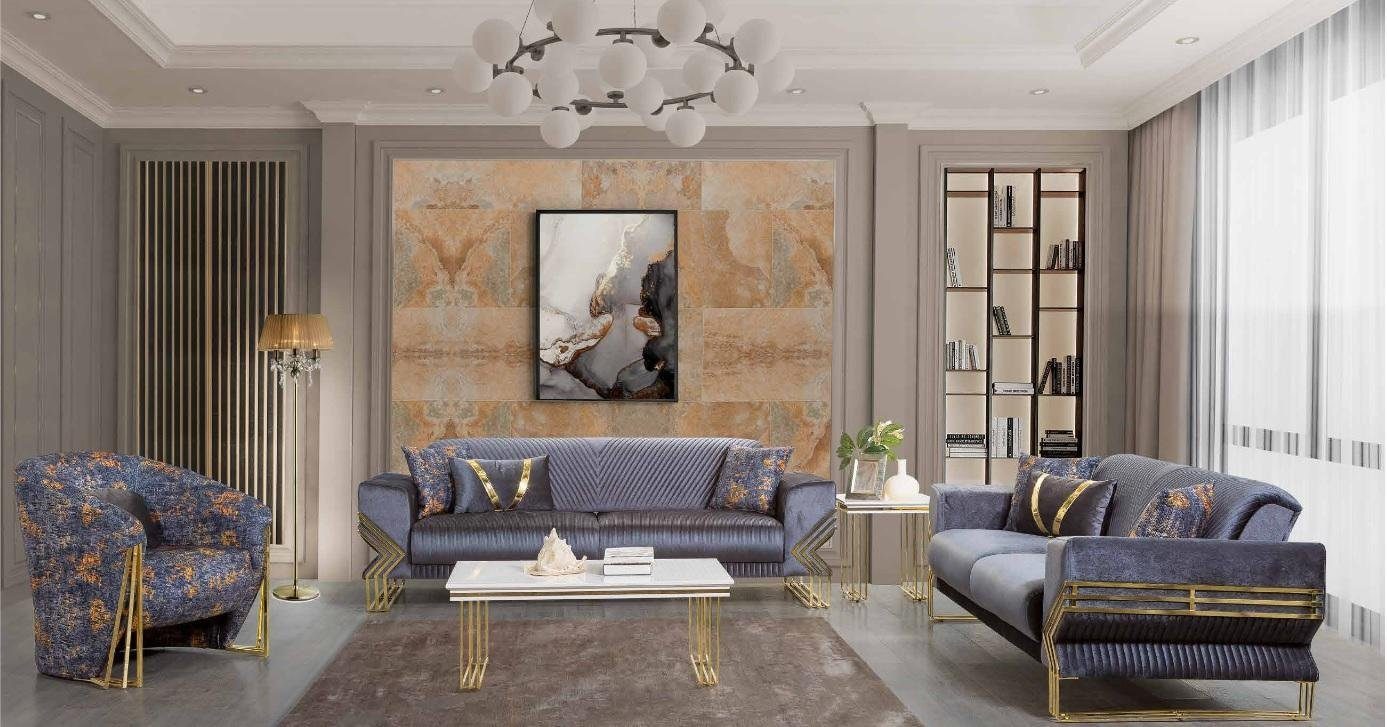 Xlmoebel Polstergarnitur Elegantes Wohnzimmer Set in Hellblau mit Sessel und Couchtisch, (Polstergarnitur, 4-tlg., 3 Sitzer + Sessel + Couchtisch + Beistelltisch), Hergestellt in Europa