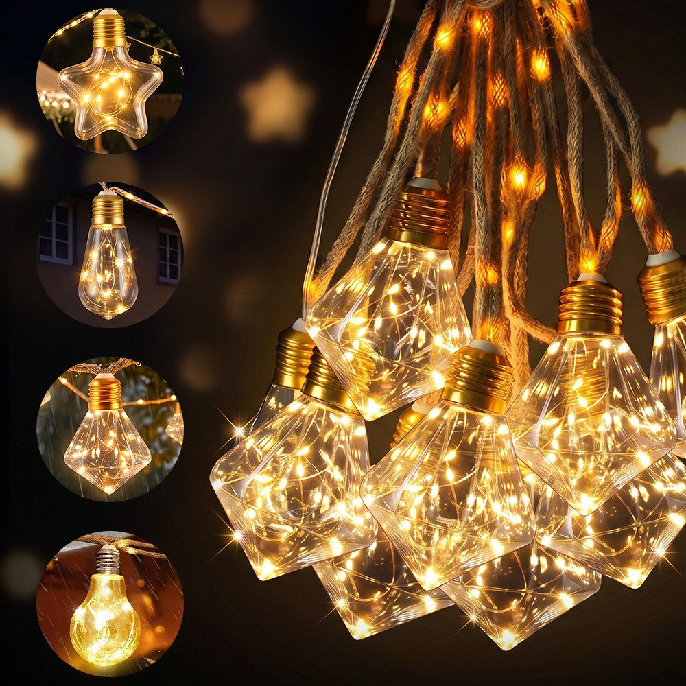 Salcar LED Solarleuchte Solar Lichterkette Warmweiß Hanfseil Glühbirnen Vintage Garten, LED, 5m Lichterkette + 3m Zuleitung, 10 Diamant Glühbirne mit 149 LED