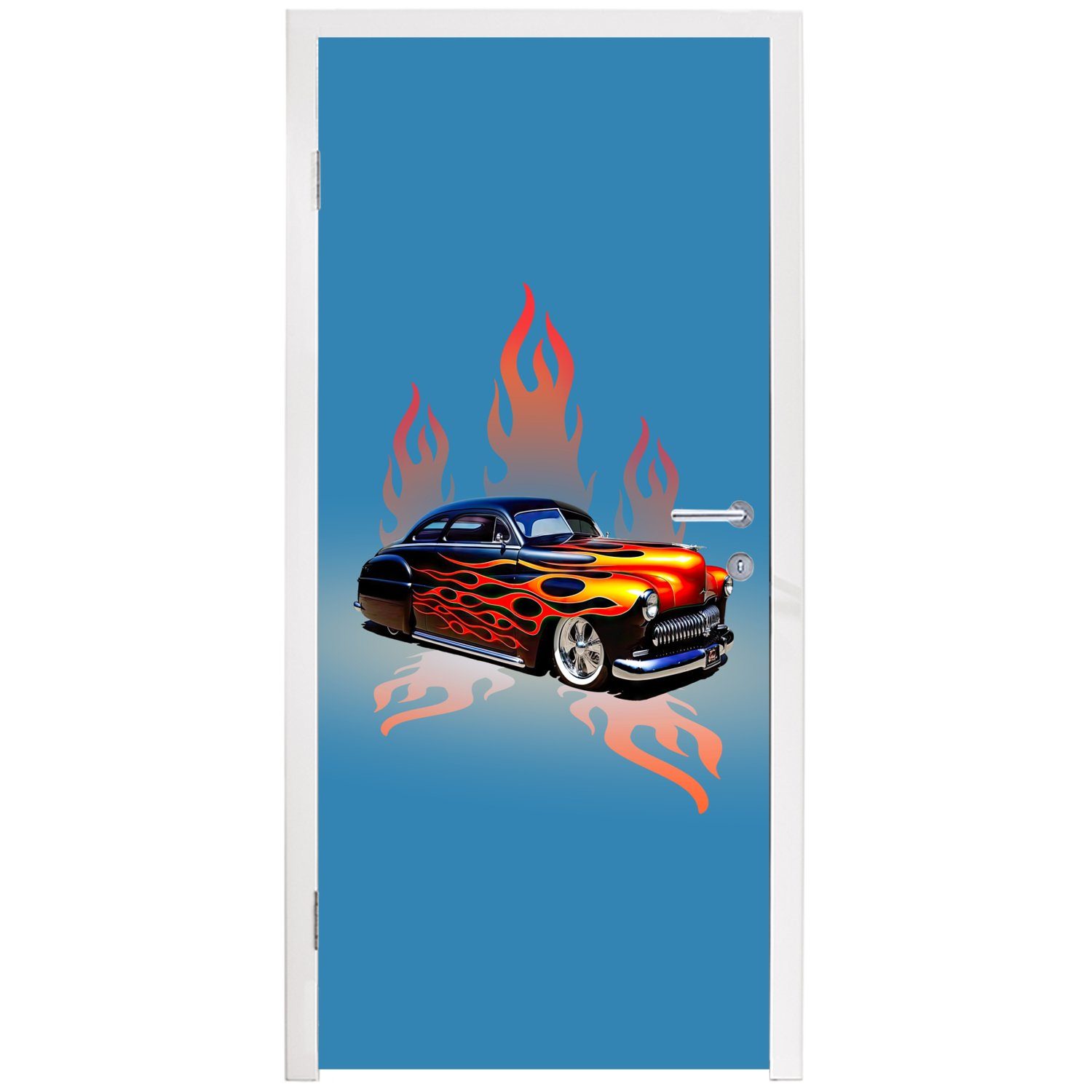 Flammen Fototapete - 75x205 MuchoWow St), (1 bedruckt, Türtapete für cm Tür, Türaufkleber, - Matt, - Blau Feuer Vintage, Auto -