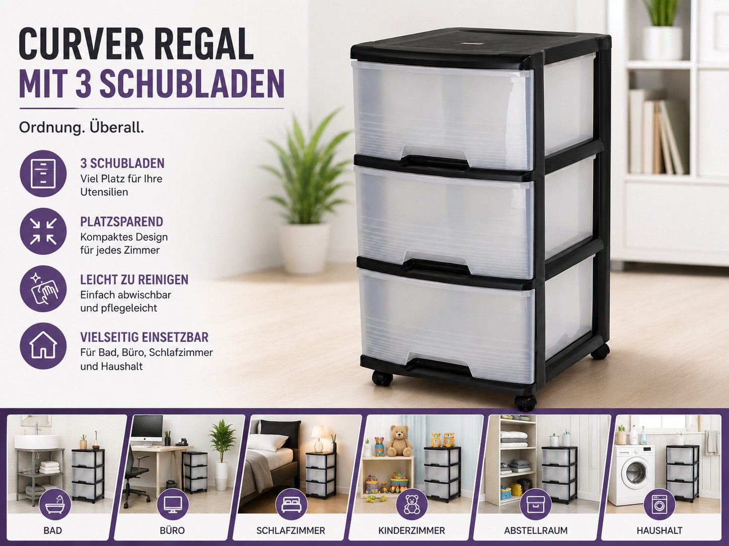 Curver Rollwagen Regal 3 Schubladen Rollcontainer Schubladenwagen Schubladenschrank, Aufbewahrungsschrank Regalbox Büroorganizer Schubladenrollwagen