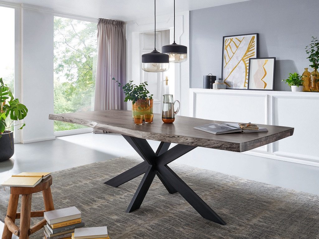 Main Möbel Esstisch Baumtisch "Pune" 180x90cm Akazie grau & Eisen schwarz günstig online kaufen