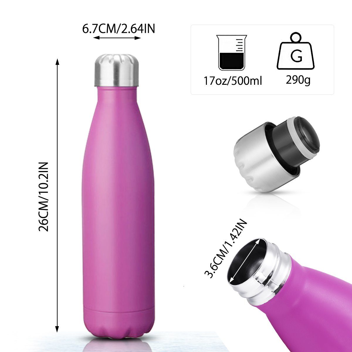 Insma Trinkflasche, Thermoflasche auslaufsicherem doppelwandige mit 500ml Bürste Isolierflasche und Deckel Lila