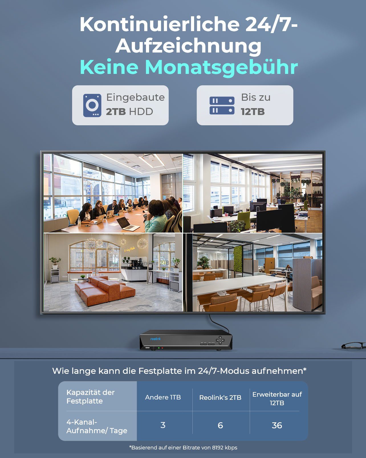 Reolink Überwachungskamera 12 MP Ultra HD PoE (Innenbereich, Außenbereich, 8-Kanal NVR mit 2TB HDD und 4 Bullet Kameras, Farbige Nachtaufnahme,Zwei-Wege-Audio,Dauernde 24/7 Aufzeichnung)