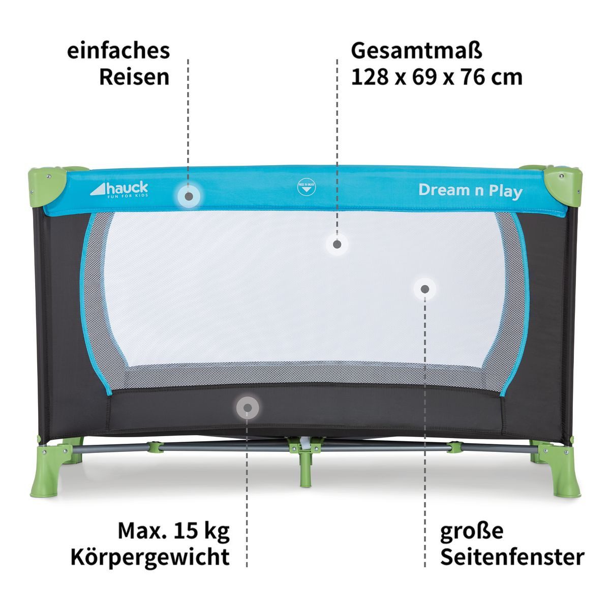 Hauck Baby-Reisebett Dream`n Play - XXL-Set - Waterblue, Baby Kinder Reisebett mit Matratze, 2 Spannbettlaken & Insektenschutz