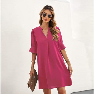 FIDDY Karokleid Solide Farbe V-Ausschnitt Lose lange Hemdärmel Kleider für Frauen