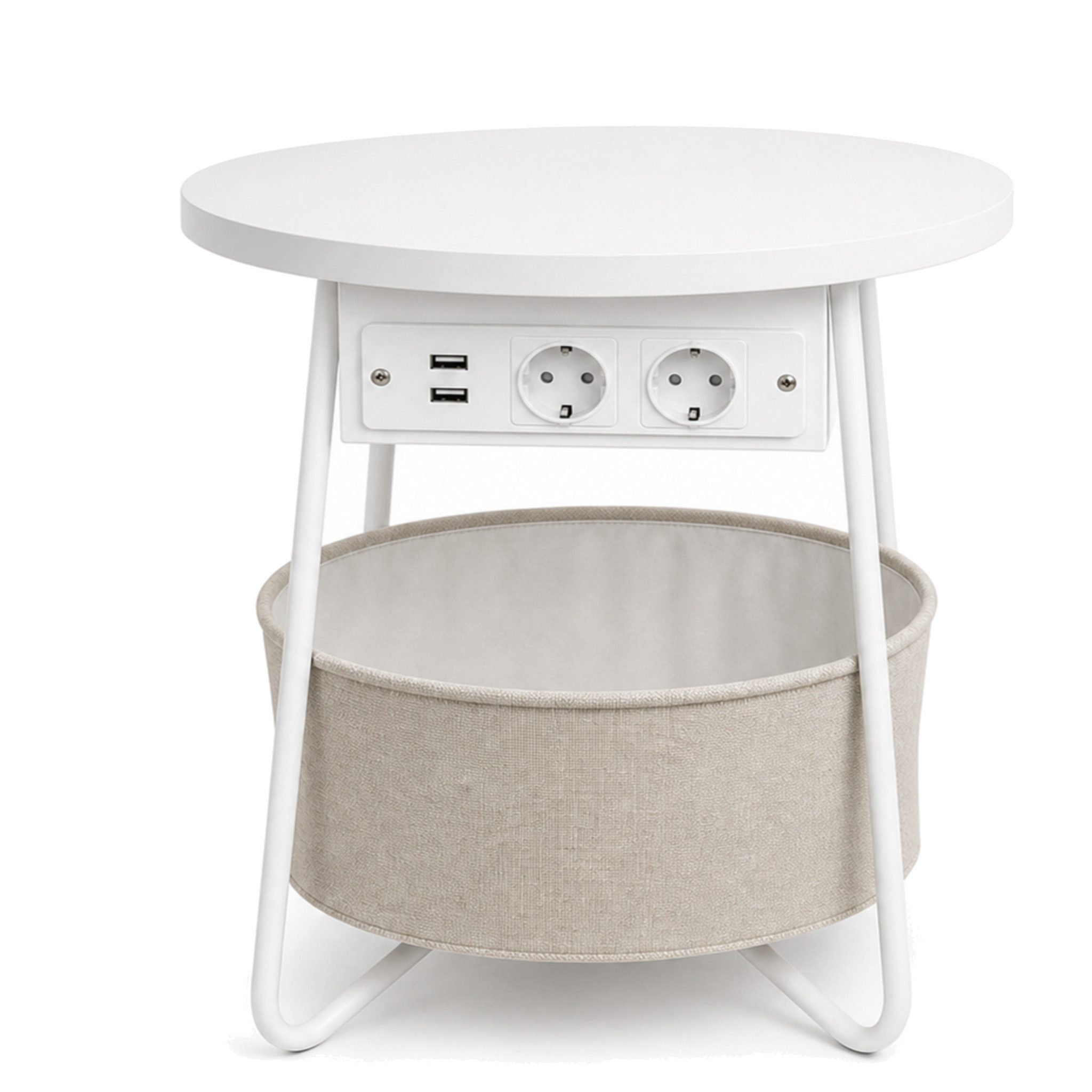 Floordirekt Couchtisch Dario Runder mit 2 Steckdosen A Stauraumkorb 2 USB 4 Farben (Einzelartikel), Integrierte Stromanschlüsse und USB-Ports