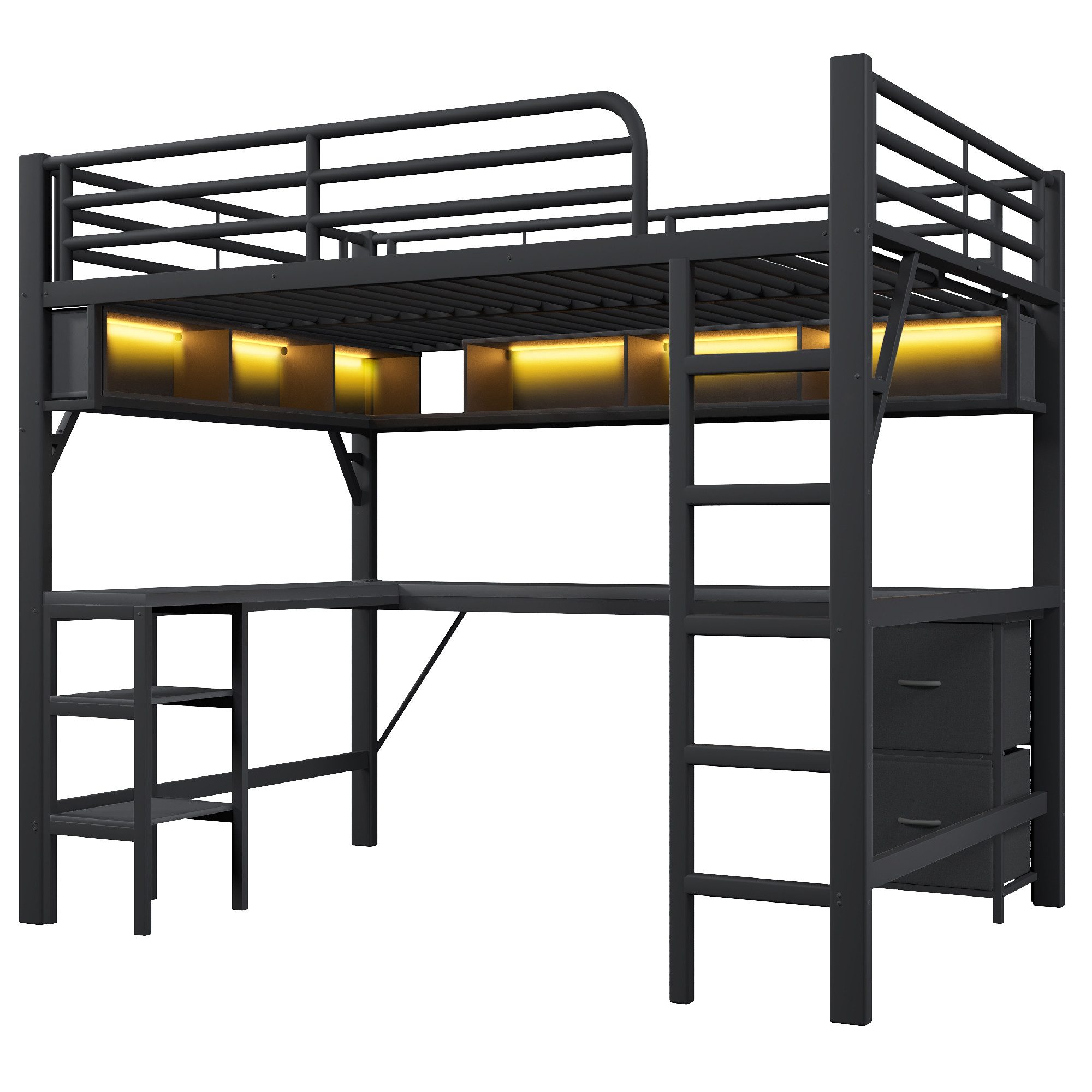 Merax Hochbett 140x200cm Metallbett mit LED-Beleuchtung & USB-Anschluss (1-St., Jugendbett Stockbett Einzelbett) Kinderbett mit Schreibtisch Bücherregal Ablagefächern Stauraum Leiter
