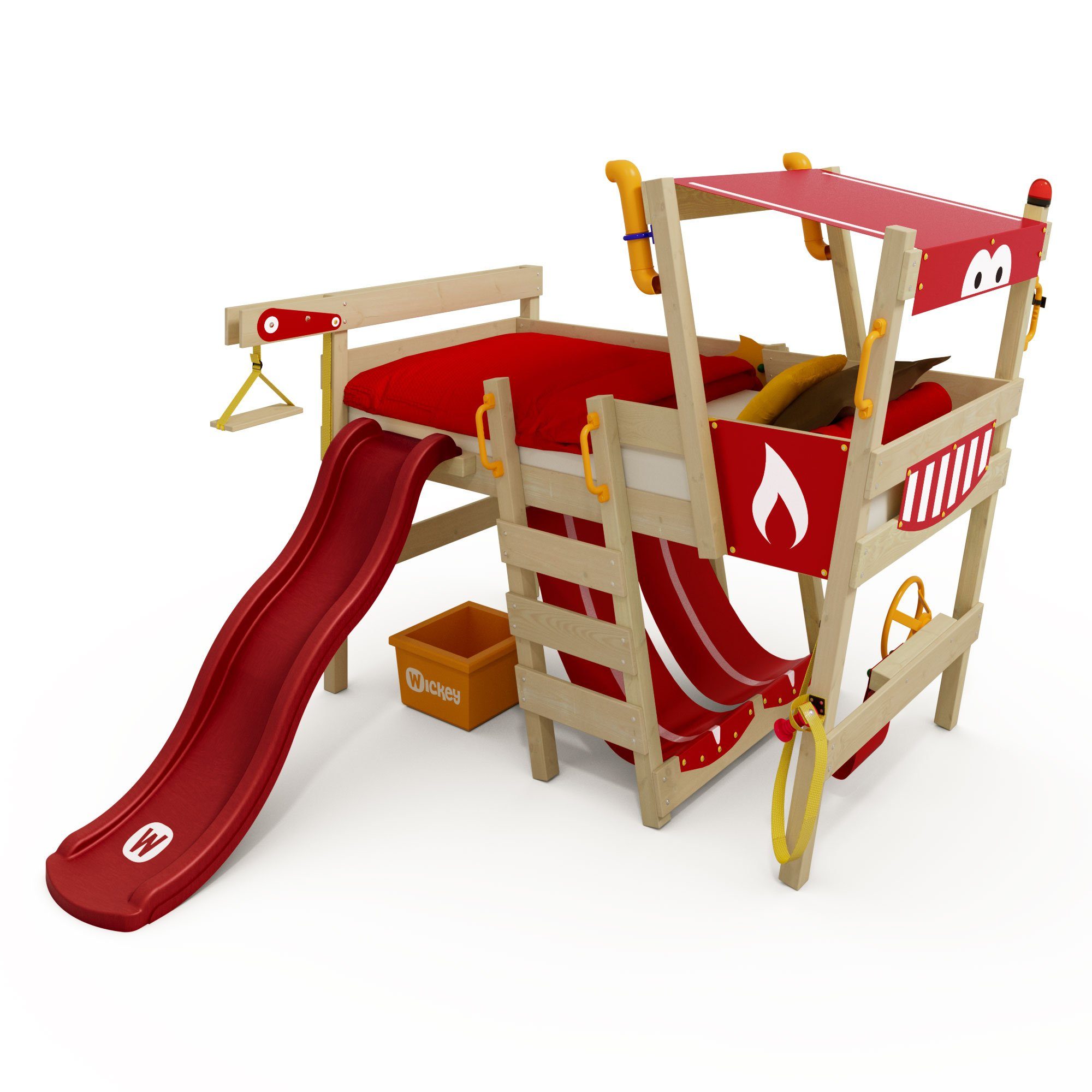 Wickey Kinderbett Crazy Smoky - Spielbett mit Rutsche 90 x 200 cm, Etagenbett (Holzpaket aus Pfosten und Brettern, Spielbett für Kinder), Massivholzbrett rot/rot