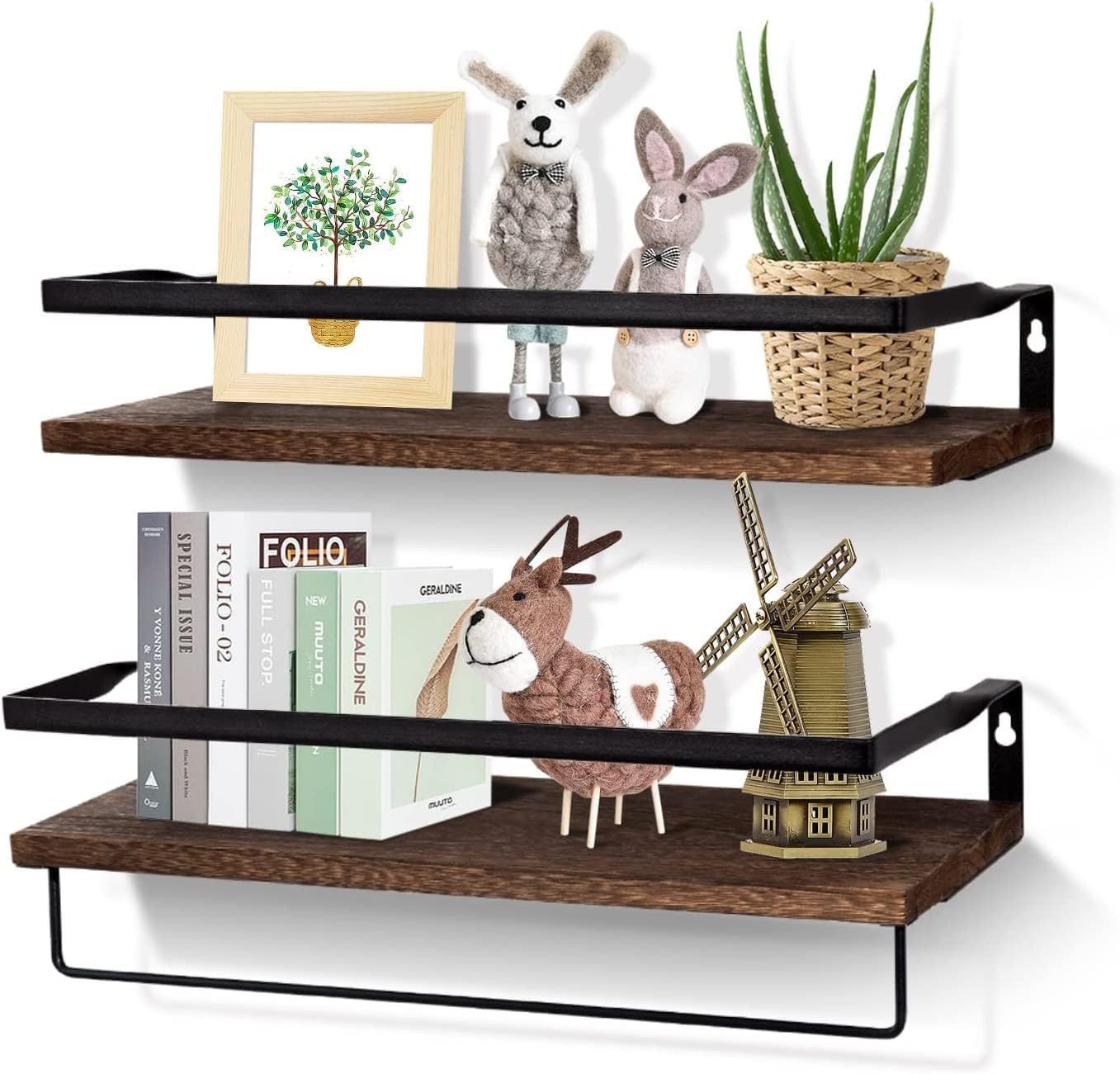 BlingBin Wandregal 2 Stück Schweberegale Hängeregal rustikales Holz Regal Wand Dekor, 2er Set 2-tlg., für Schlafzimmer, Wohnzimmer, Badezimmer, Küche, Büro