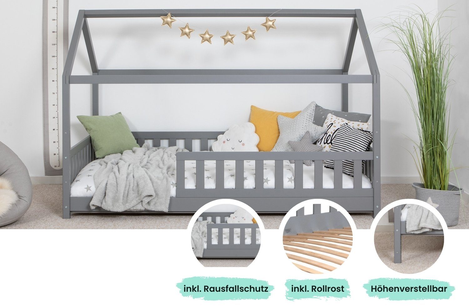 Ticaa Hausbett Kay mit Rausfallschutz aus Kiefer, Kinderbett 100x200, inkl. Dach, mit Rollrost