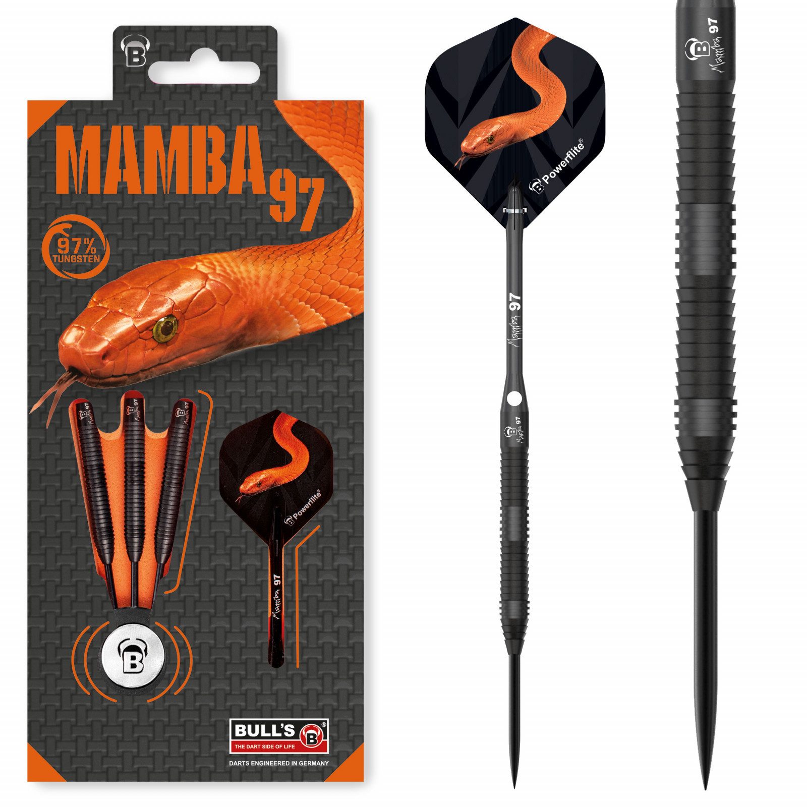 BULL'S Dartpfeil Bull´s Steeldarts Mamba97 M5, 97% Tungsten, 24g., Schwarz, 97% Tungsten, Kompletter Satz, CNC-Gefräst