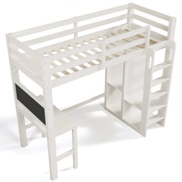 Flieks Hochbett Kinderbett 90x200cm mit Schreibtisch, offenen Kleiderschrank, Regalen