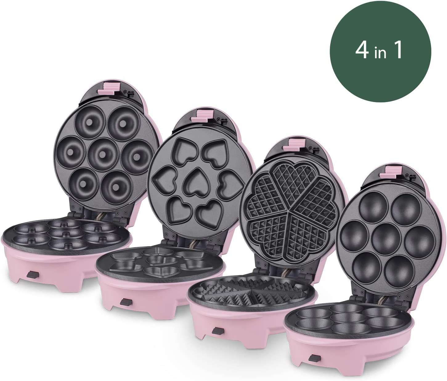 wëasy Donut-Maker 4in1 Donut Muffin Kuchen Waffel-Maker 4 wechselbare Backplatten rosa, 700 W