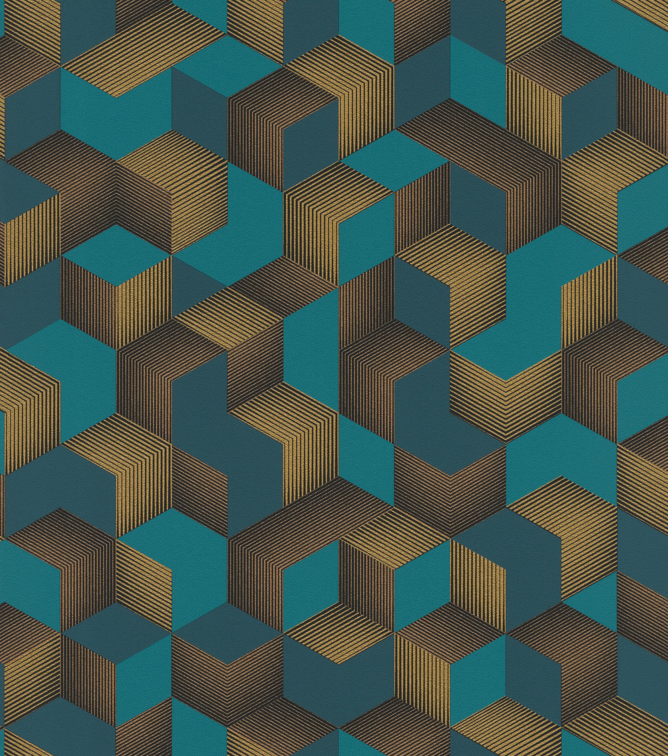 Rasch Vliestapete Würfel Geometrisch 3D-Effekt - Vinyltapete Schwarz Gold Blau, 3D-Optik, grafisch, (1 Rolle, 1 St., 10,05 m x 0,53 m), Lichtbeständige Farben - Feucht abwischbar - Restlost abziehbar