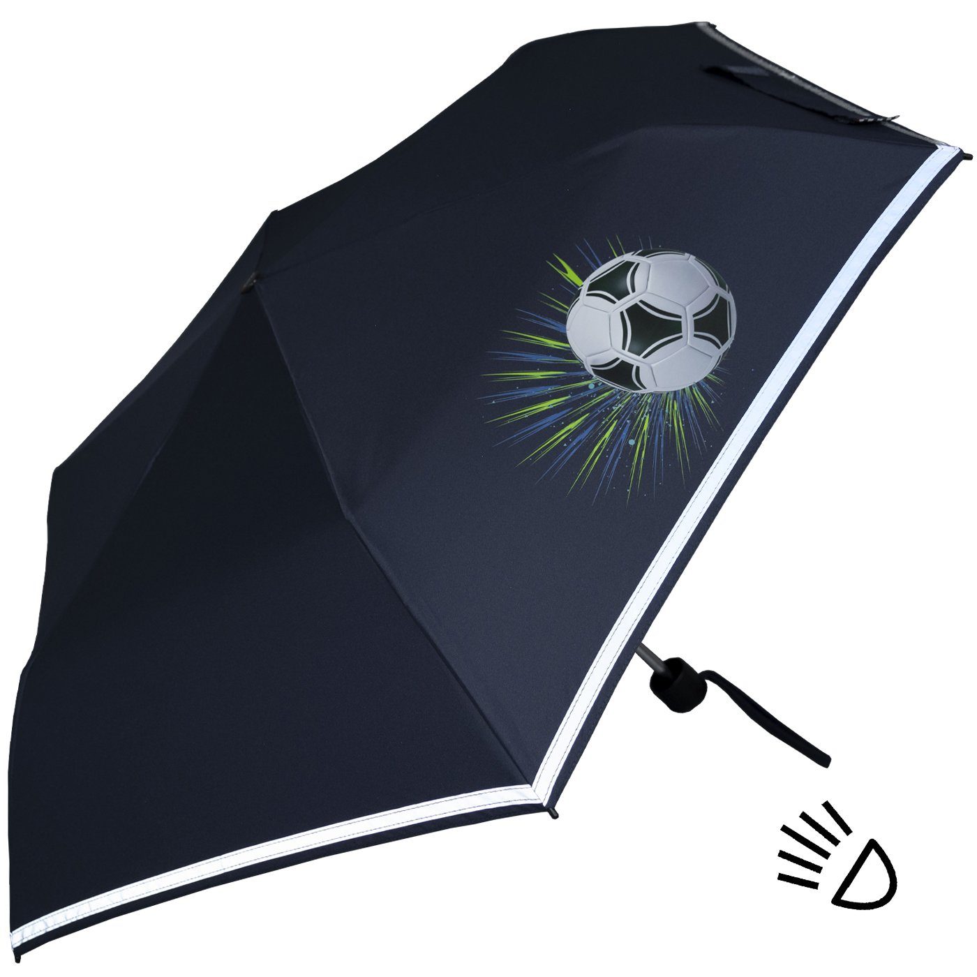 Knirps® Taschenregenschirm Kinderschirm 4Kids reflective mit Reflexborte, Sicherheit auf dem Schulweg, Fussball, Goal white