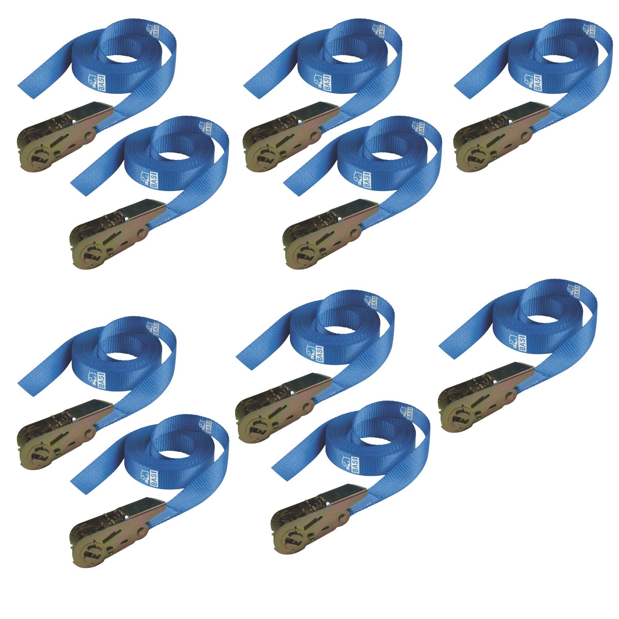 BASI Schlossverlängerung Ratschengurt (Spar-Set, 8-tlg), 8er Set, bis 500 kg, Gurt 2,5 x 500 cm, TÜV/GS geprüft, Zurrgurt