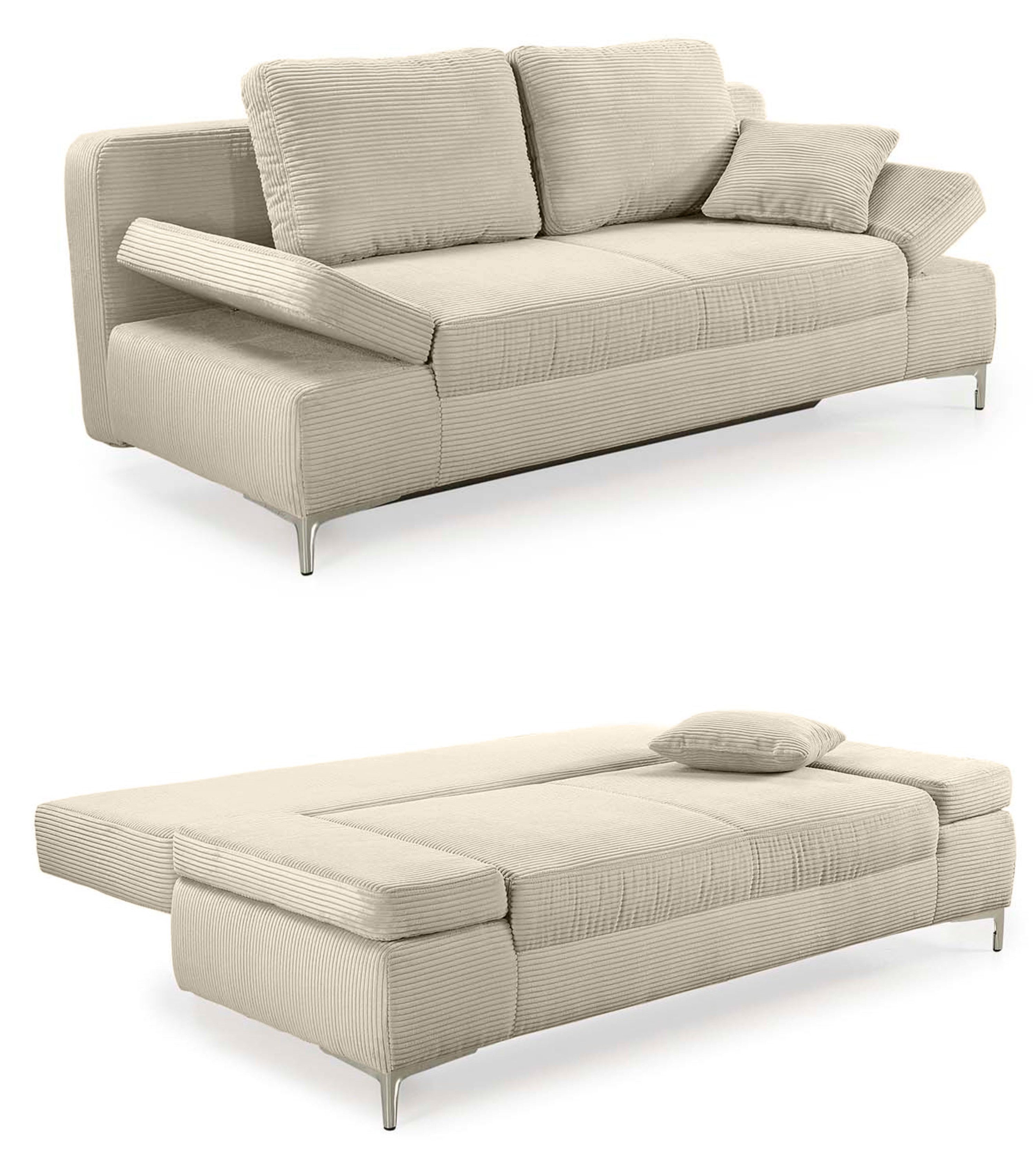 luma-home Schlafsofa 15203, mit Bettfunktion 202 cm breit, Federkern, Bettkasten, Armlehnen verstellbar, Cord, Beige Grau