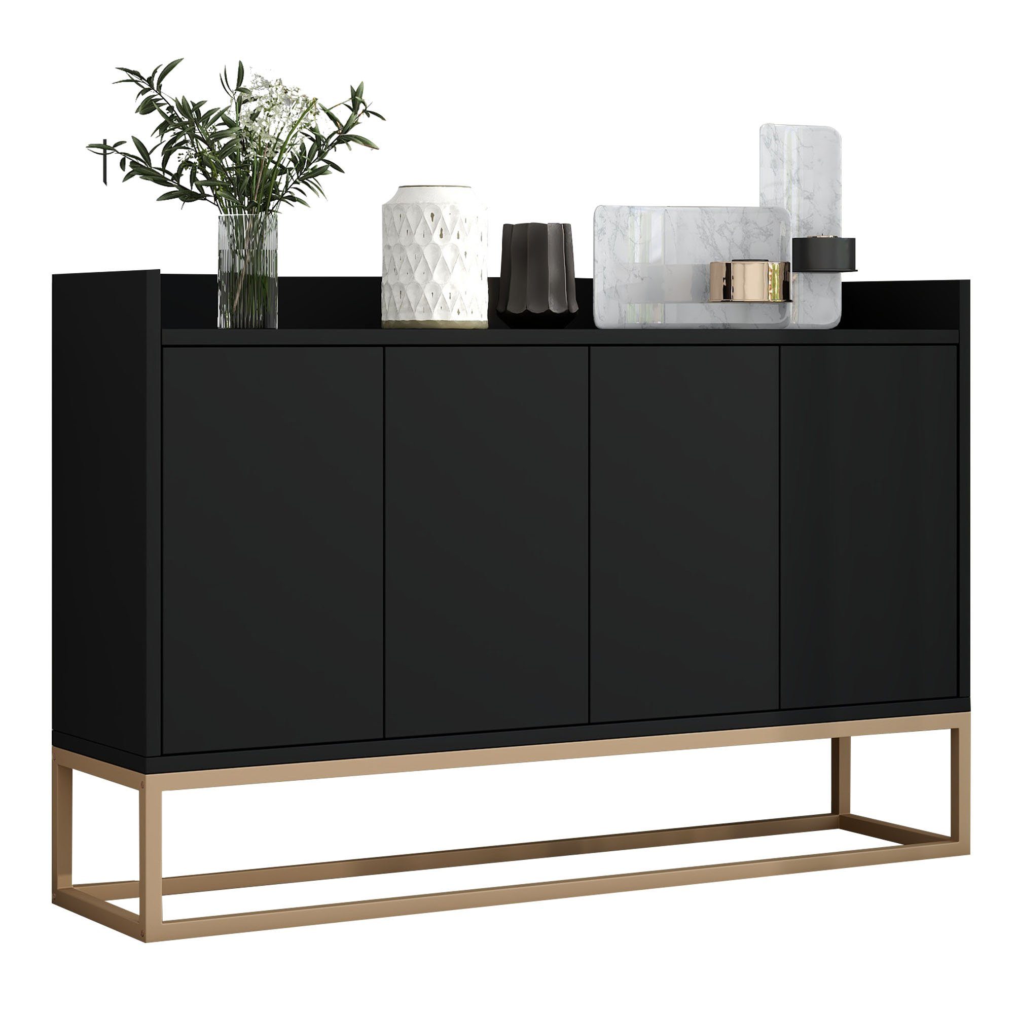 Küche) Küchenschrank Modernes für Buffetschrank Sideboard OKWISH schwarz Esszimmer, 4-türiger minimalistischen im (griffloser Stil Wohnzimmer, Anrichte,