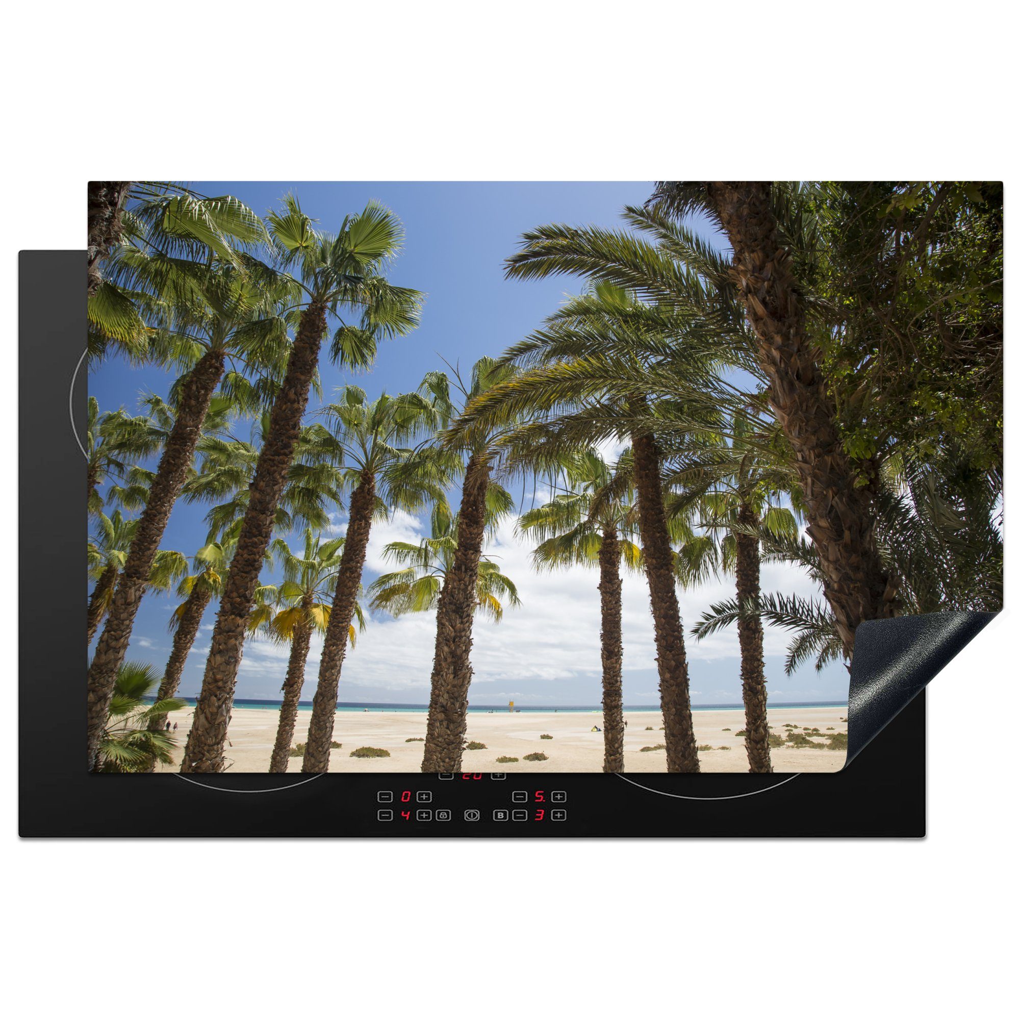 MuchoWow Herdblende-/Abdeckplatte Eine Gruppe von Palmen säumt den Strand von Fuerteventura, Vinyl, (1 tlg), 81x52 cm, Induktionskochfeld Schutz für die küche, Ceranfeldabdeckung