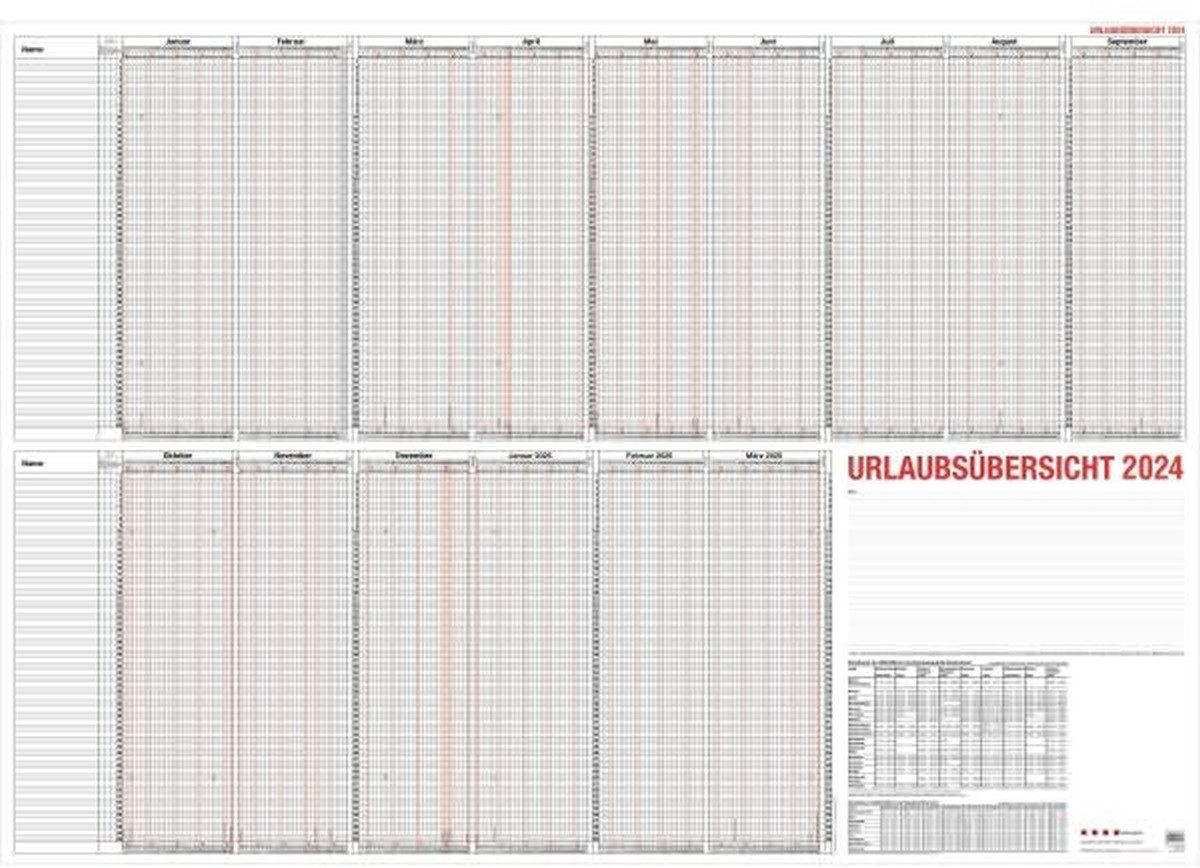 GÜSS Kalender Jahresplaner Urlaubsübersicht 120x80cm für 60 Mitarbeiter-Kalendarium 2026