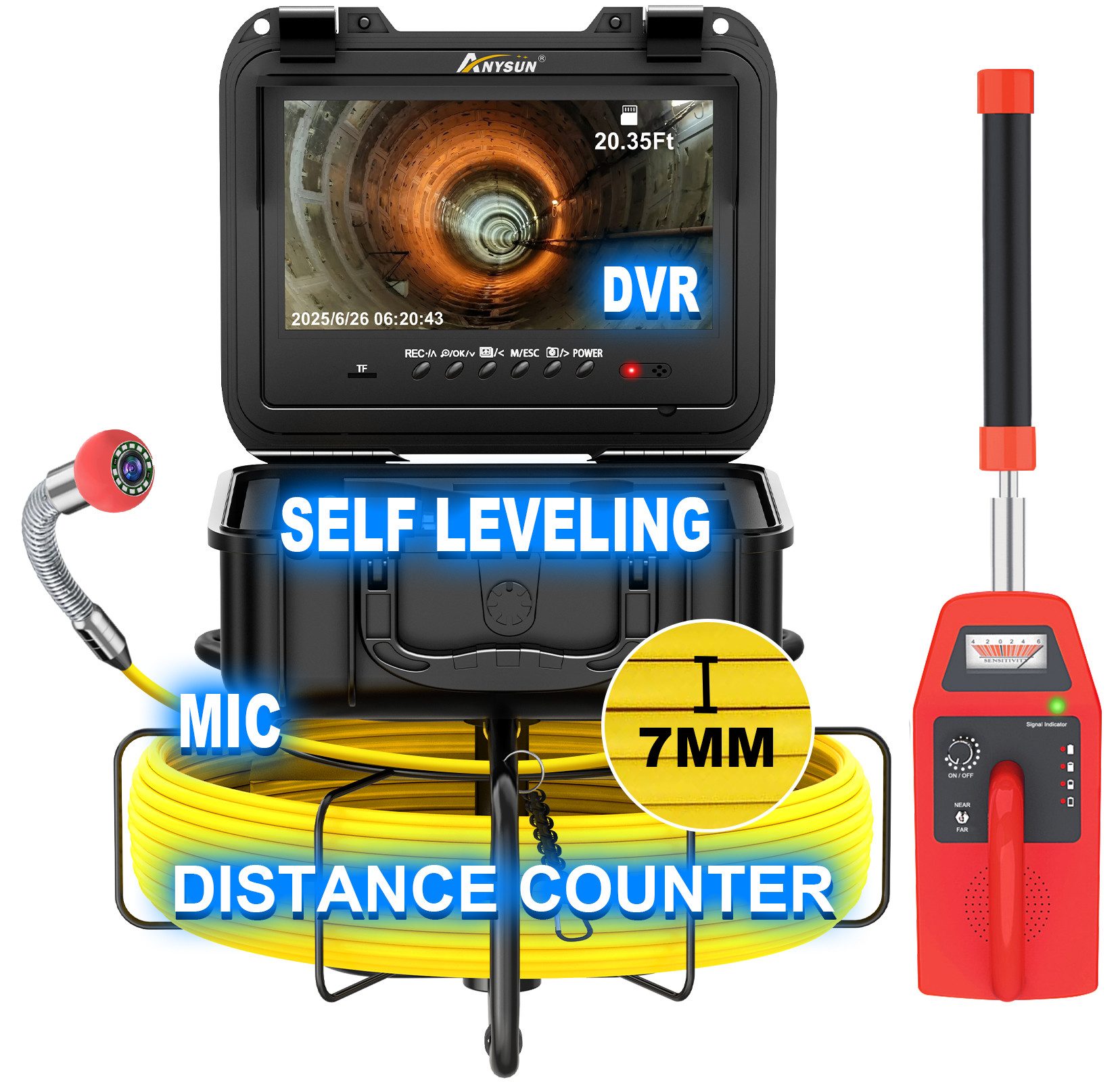 ANYSUN 9DX7 Rohrkamera 50M mit Licht 512 Hz Ortung Meterzähler 9" HD‑Display Inspektionskamera (Kanalinspektionskamera mit Selbstnivellierend, DVR, Audioaufnahme, 12 Licht Wasserdicht, 5100 mAh Akku, 32GB)
