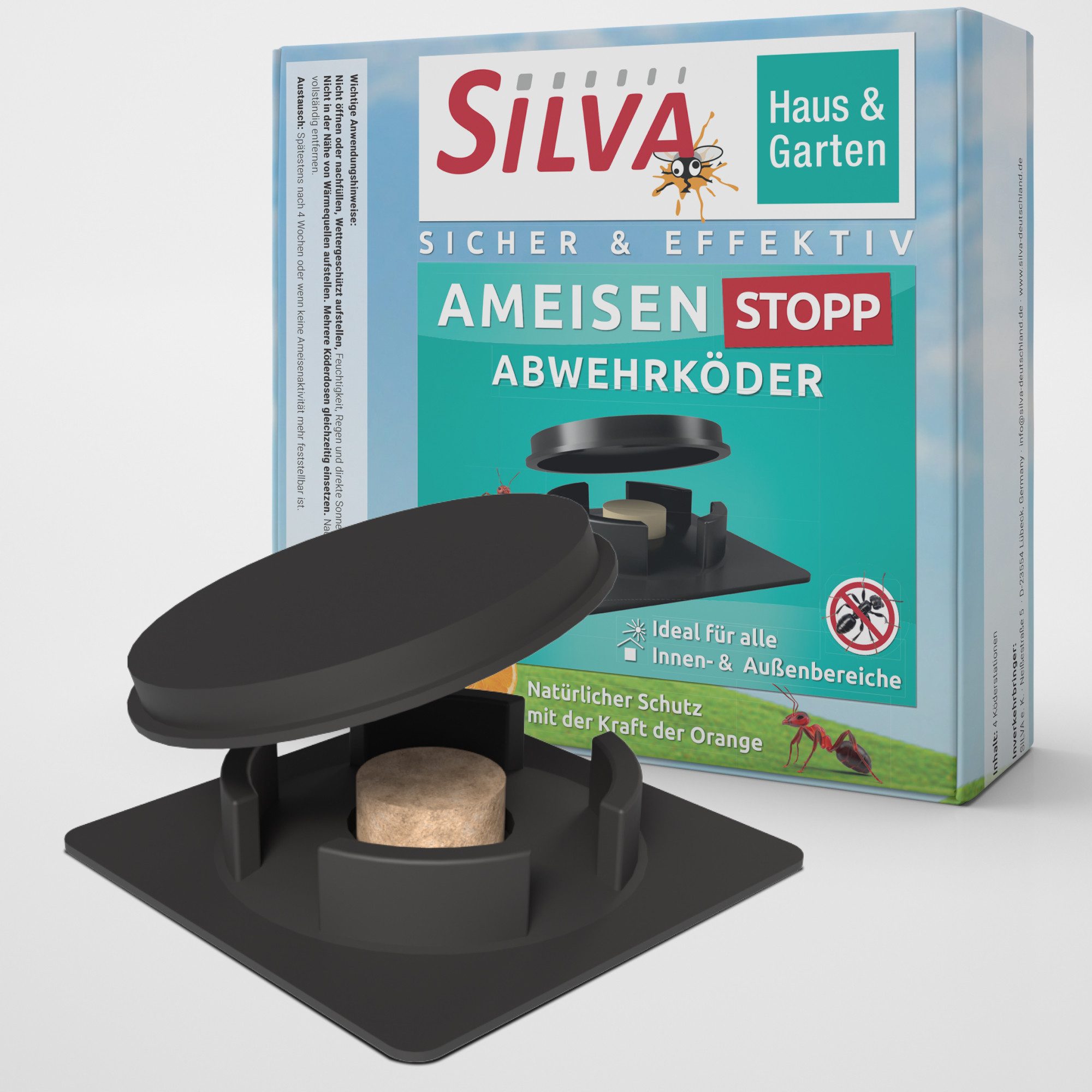 Silva Haus & Garten Vergrämungsmittel Silva® Ameisenköder 4er – gegen Ameisen im Haus & Garten – PT19 Biozid, 4-St., Set aus 4 Köderdosen, 4 Stück für drinnen & draußen