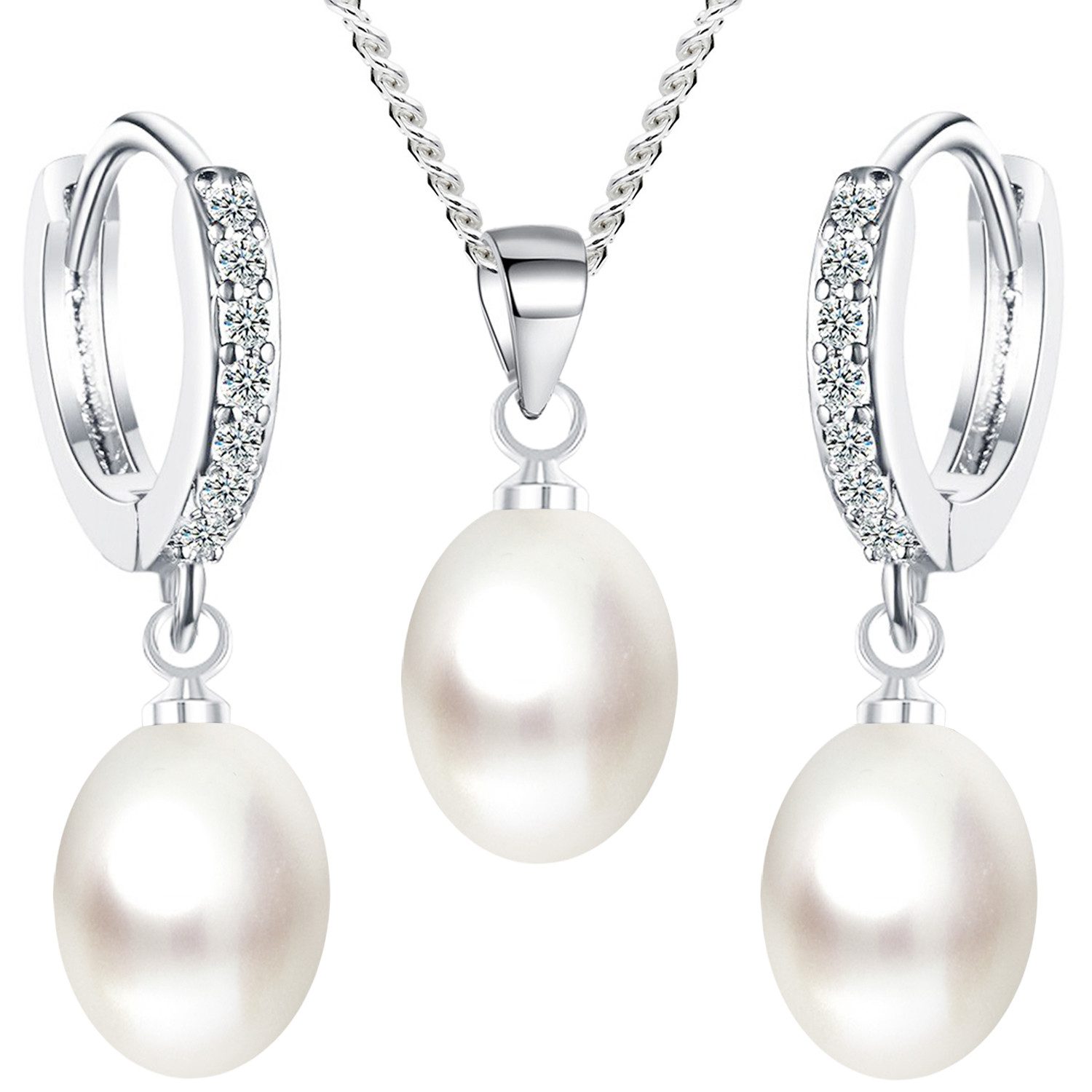 LÖB Ohrring und Ketten Set Schmuckset 925 Silber Zirkonia Zuchtperle Perlen Kette Creolen Hängend (Geschenke für Frauen Beste Freundin Mutter Mama Damen zum Geburtstag Weihnachten Weihnachtsgeschenke, Inkl. Schmuckbox), Halskette Ohrringe Anhänger Set echte Perlenohrringe Brautschmuck Weiß