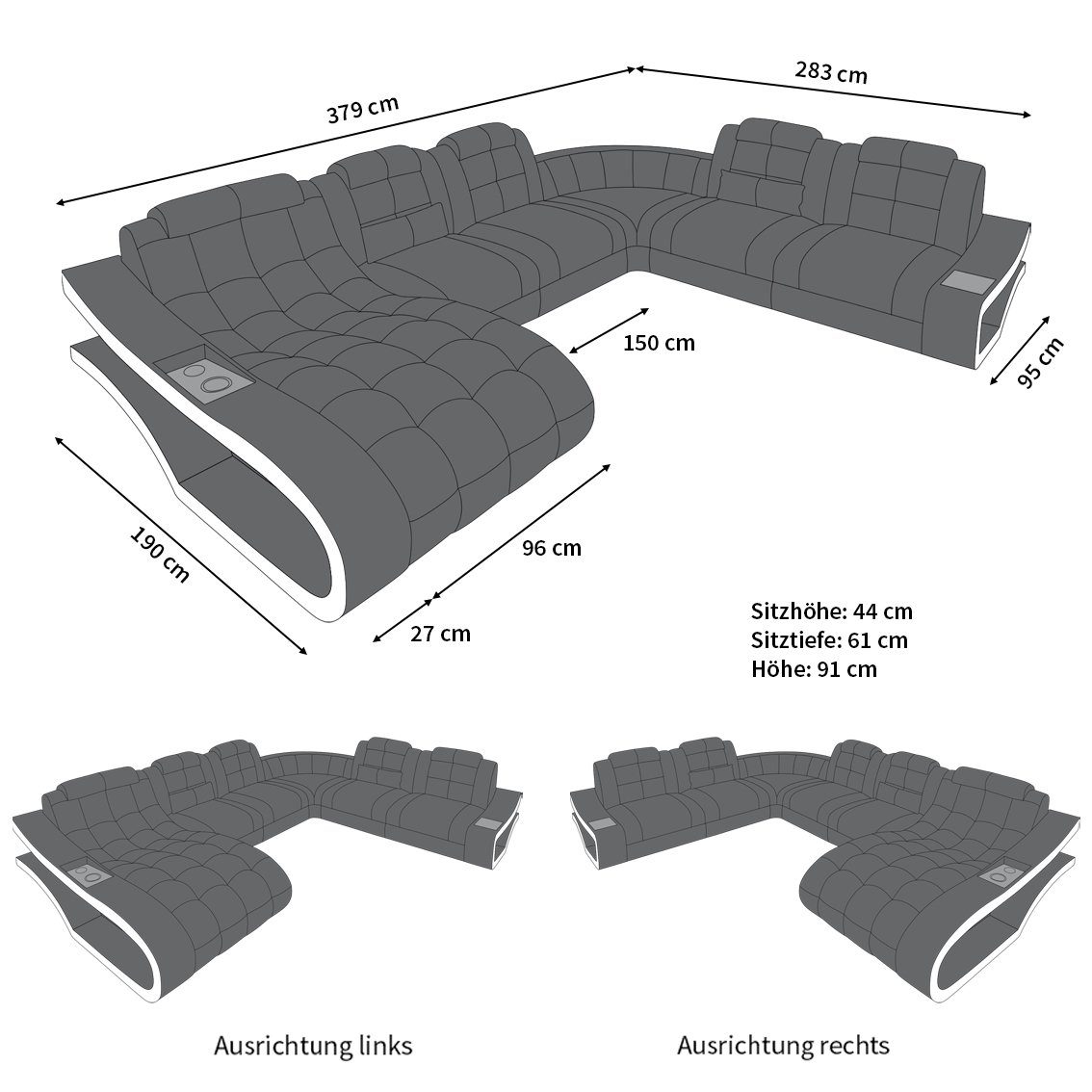 Sofa Dreams Wohnlandschaft Leder Couch, XXL Ledersofa Elegante Sofa mit Form Bettfunktion wahlweise