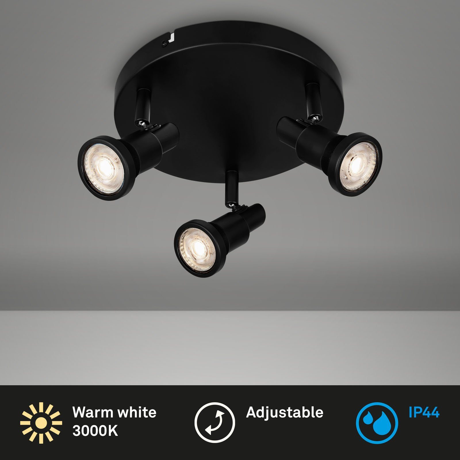 Briloner Leuchten LED Deckenspots 3-flammig, wechselbar, 2992-035R, schwarz, Warmweiß LED GU10 Warmweiß, 3000K, IP44, schwenkbar