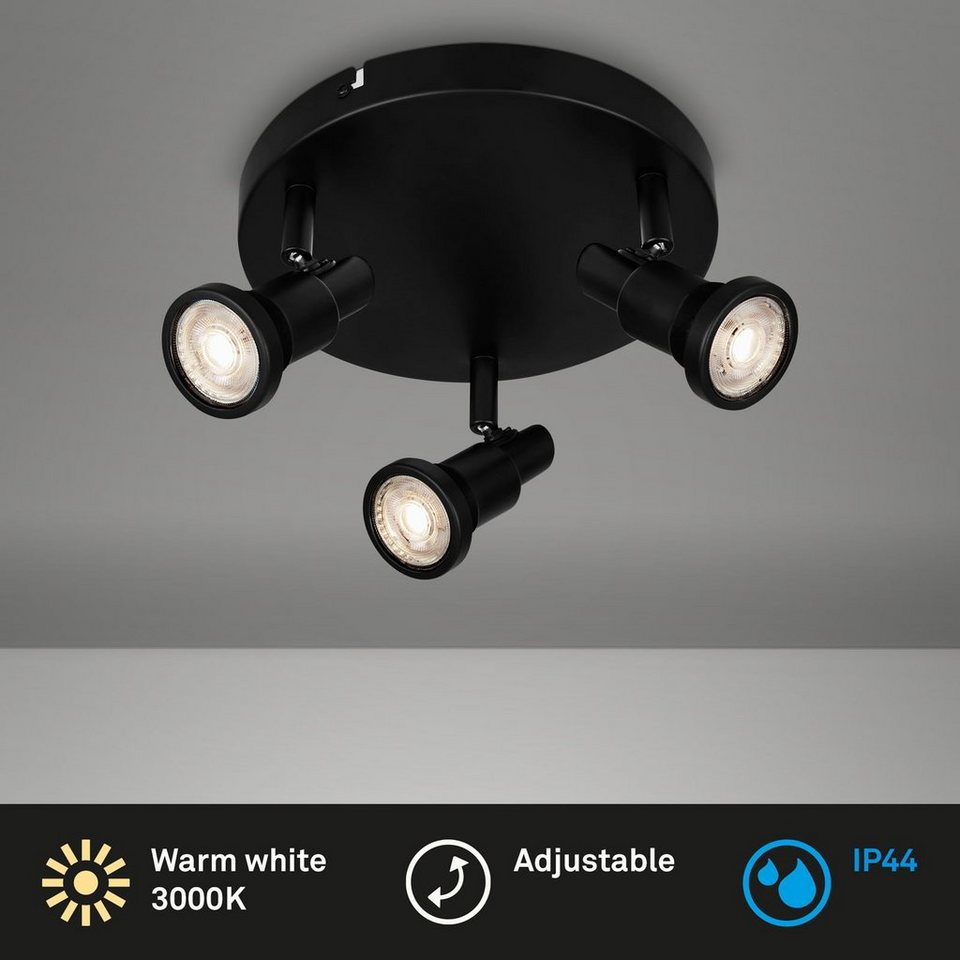 Briloner Leuchten LED Deckenspots 2992-035R, LED wechselbar, Warmweiß,  3-flammig, IP44, schwenkbar, schwarz, Warmweiß 3000K, GU10