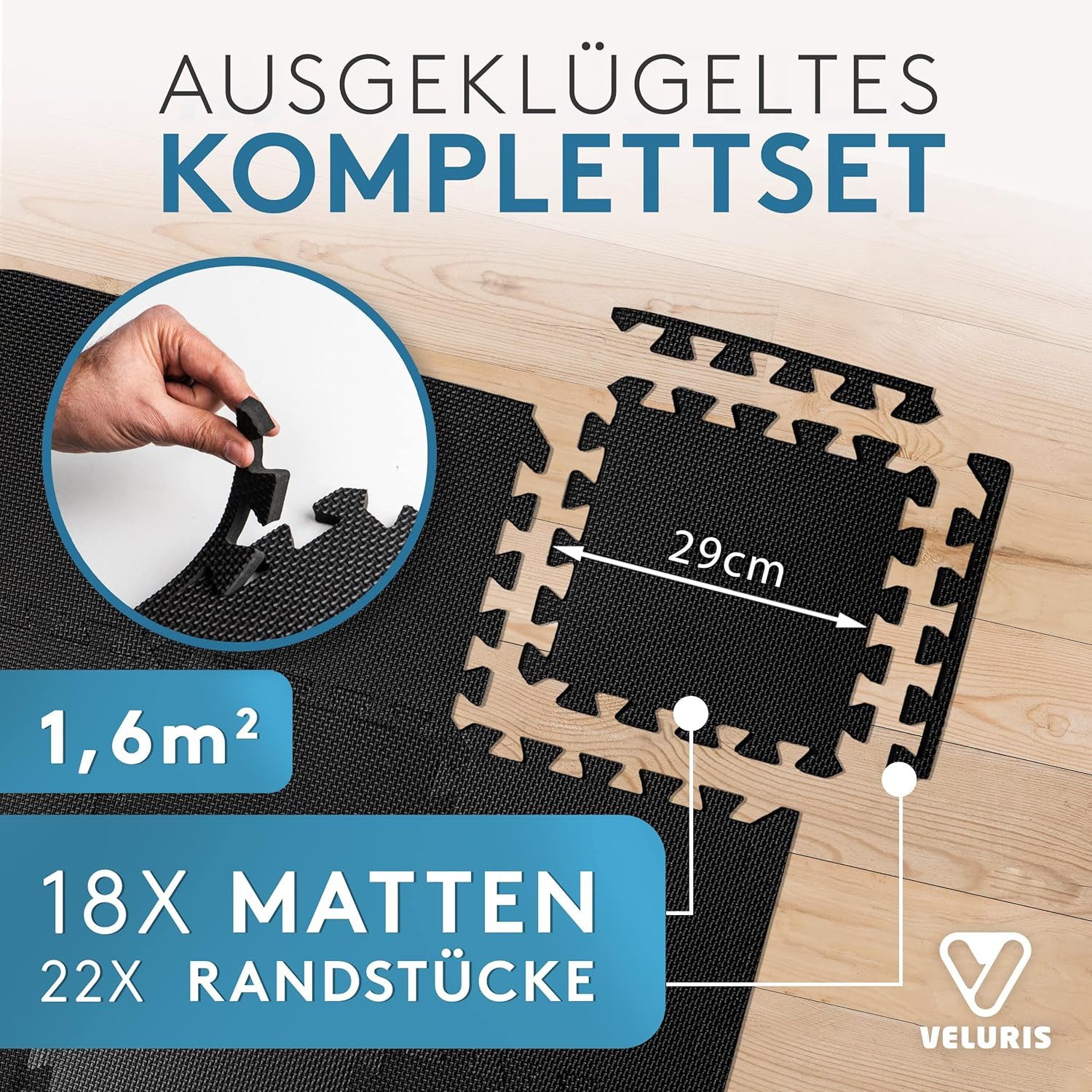 Veluris Bodenmatte Fitness – Steck-Puzzlematten Set 18-tlg. für Fitnessgeräte 31x31 cm (18 Stück), 20% extra dick, rutschfest, feuchtigkeitsabweisend, inkl. Randstücke