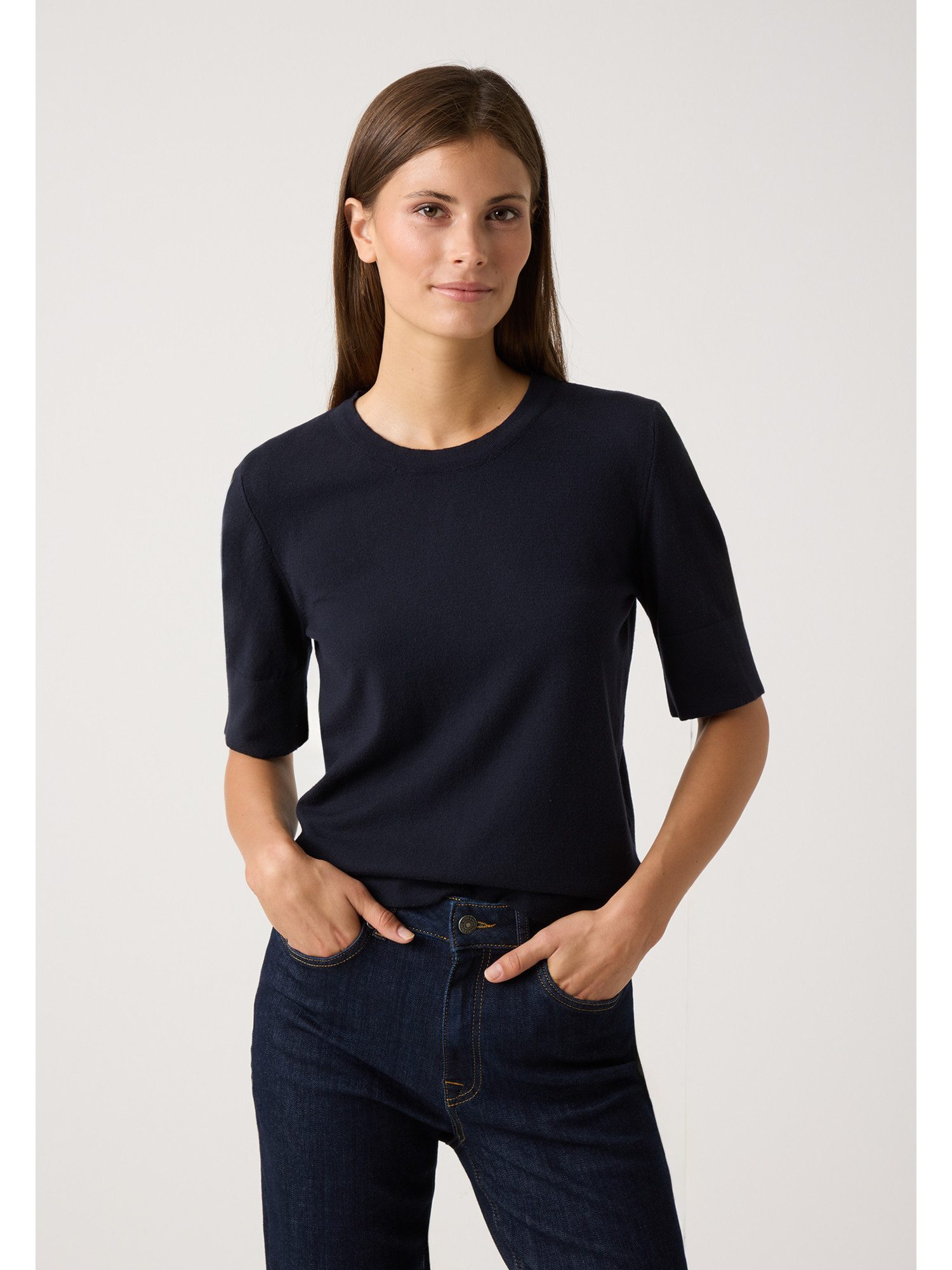 MORE&MORE Strickpullover schmaler, kurzer Viskosemixpullover günstig online kaufen