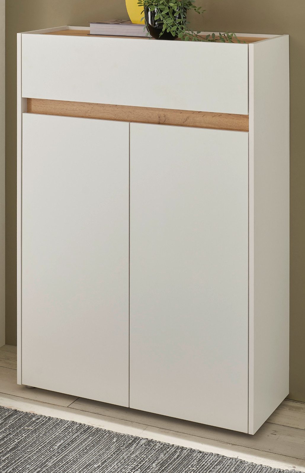 Furn.Design Schuhschrank Center (Flur Kommode in Weiß mit Eiche, 2-türig, 85 x 122 cm) 4 große Fächer und breiter Schubkasten