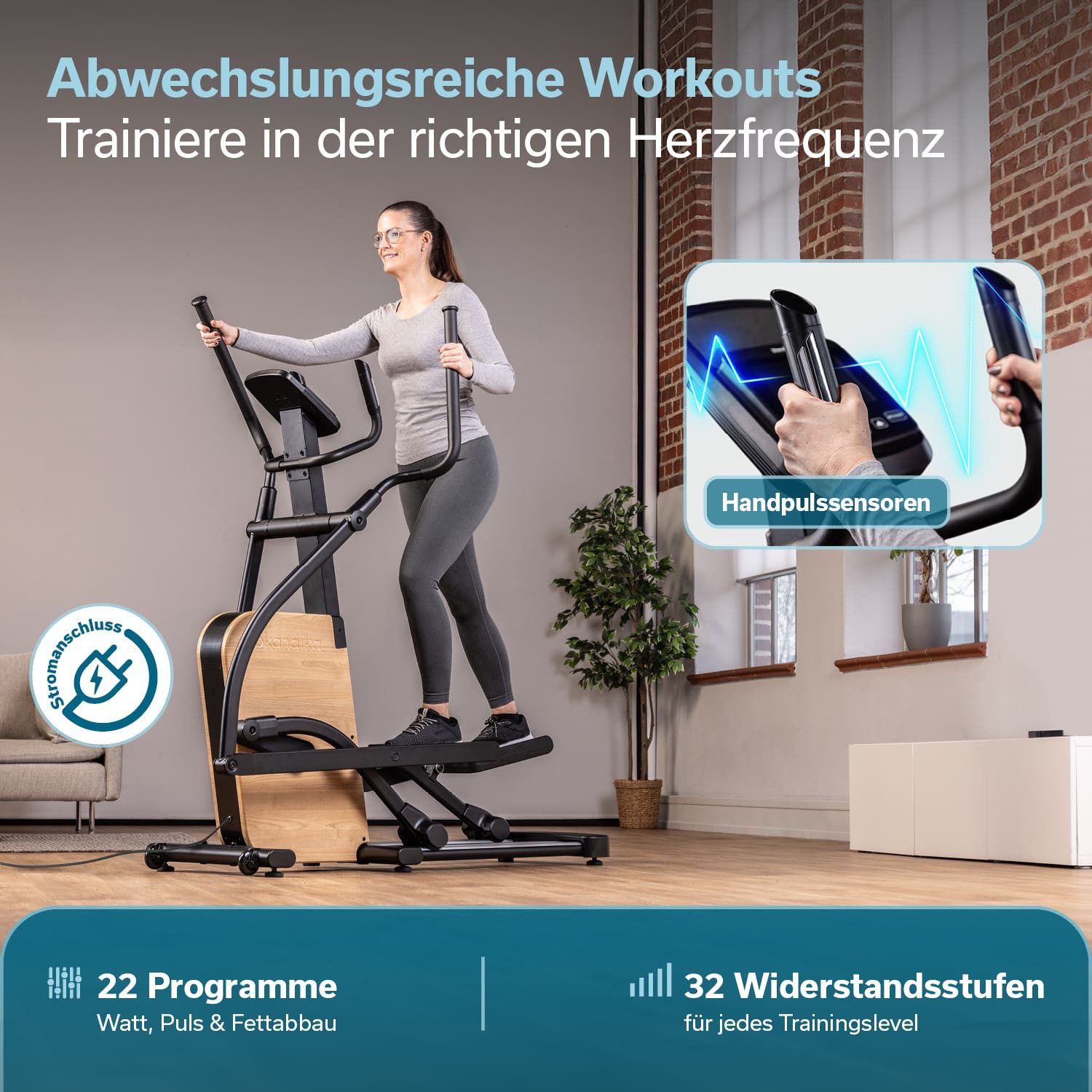 Skandika Crosstrainer für Zuhause Treliv P22, Ellipsentrainer Rahmen aus Eisen (mit Echtholz, Transportrollen, Bluetooth, bis 135 kg, Tablet-Halterung), 32 Stufen, 22 Programme, Magnetbremse, Kinomap App kompatibel
