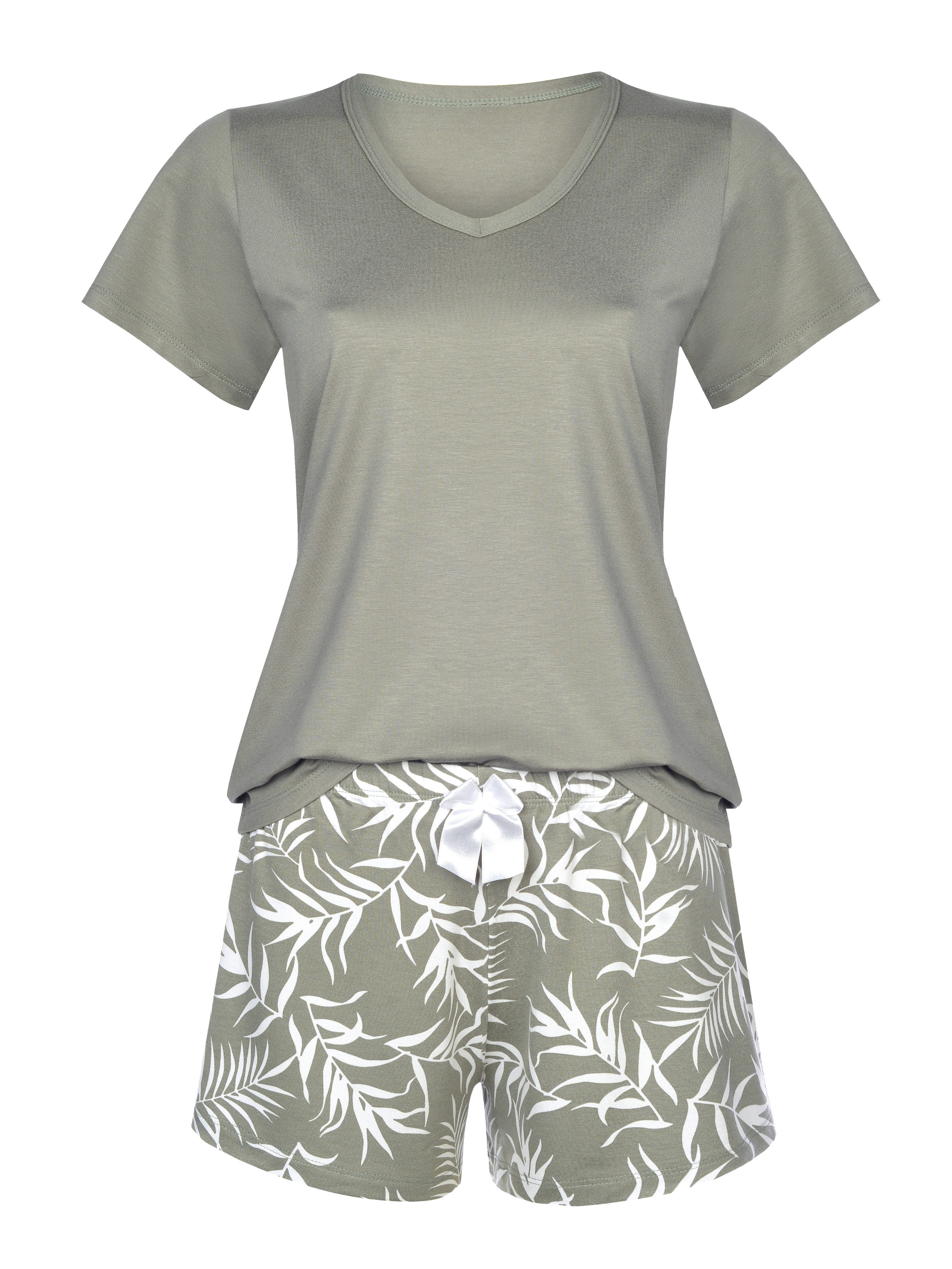 Donna Shorty kurzer Schlafanzug in Oliv mit zartem Blattmuster, Made in EU günstig online kaufen