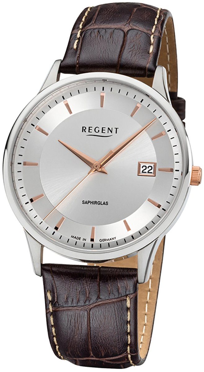 Herren Uhren Regent Quarzuhr URGM1609 Regent Herren Uhr GM-1609 Leder Quarz, Herren Armbanduhr rund, mittel (ca. 39mm), Edelstah