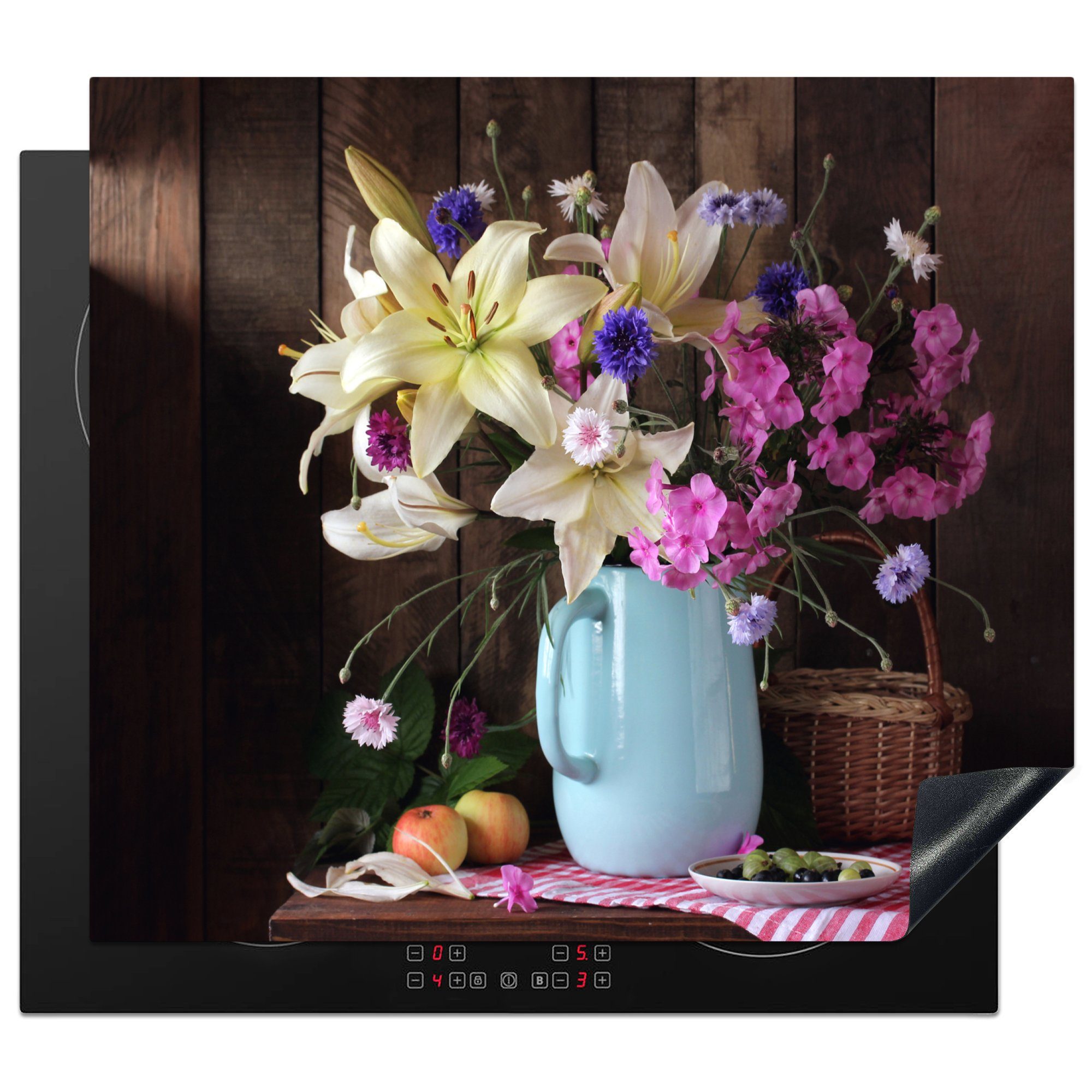 MuchoWow Herdblende-/Abdeckplatte Korb - Blumen - Sommer, Vinyl, (1 tlg), 59x52 cm, Ceranfeldabdeckung für die küche, Induktionsmatte