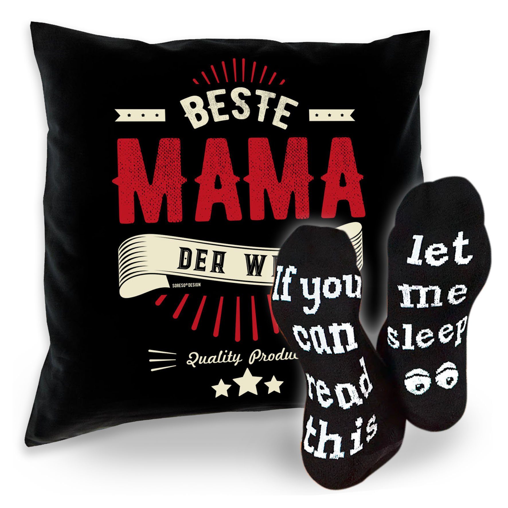 Soreso® Dekokissen Geschenke für Mama - Kissen inkl. Füllung + Lustige Sprüche Socken, Komplettes Geschenke Set, handgefertigtes Kissen